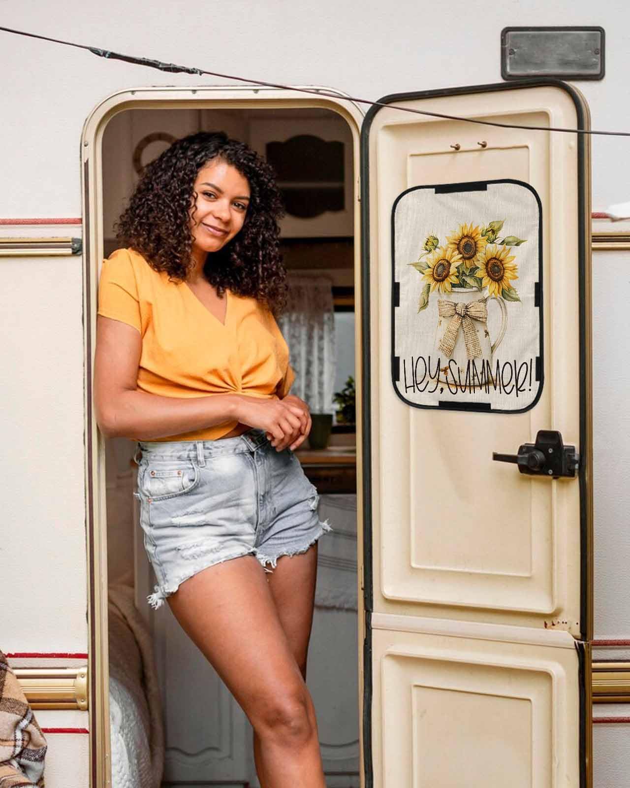 LEOKOTI RV Door Window Shade, Botanical Sunflowers Blackout RV Window Shades Foldable, Summer Blossom Flowers Floral Privacy Insulation Car Covers for Camper/Truck 16