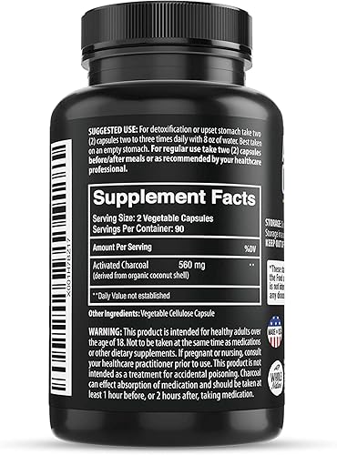 Miniatura 7 de Cápsulas de carbón activado de coco, 180 píldoras de carbón, desintoxicación, blanqueamiento de dientes, reduce el estreñimiento, hinchazón, gases
