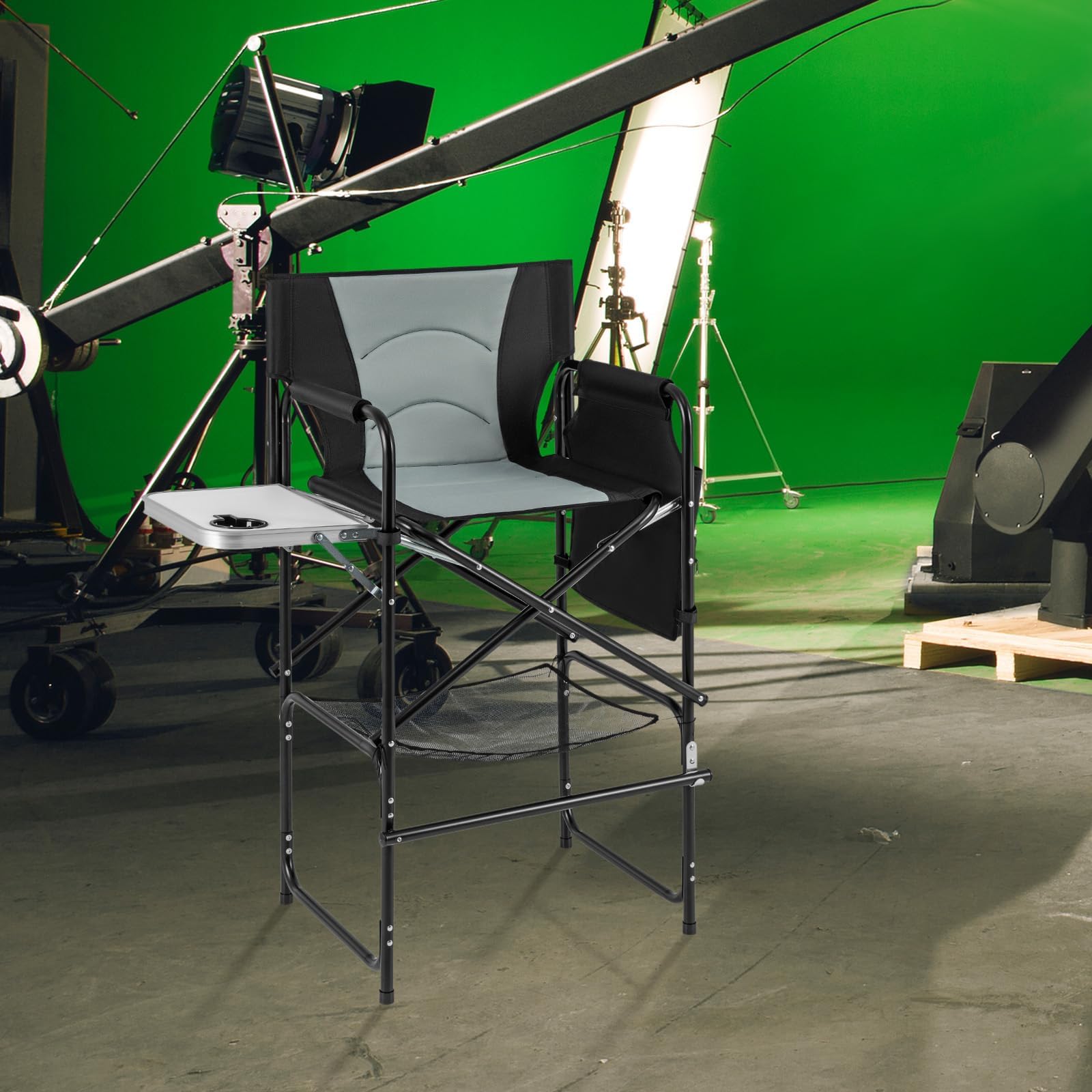 GYMAX Chaise Maquillage Professionnel 116,5 cm, Chaise Metteur en Scène Pliable Portable avec Plateau, Porte-Gobelet, Repose-Pieds, Sac en Filet, Poche de Rangement, Chaise Haute pour Studio