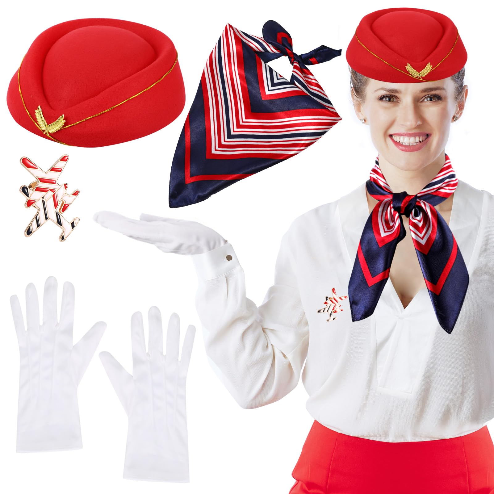 XEPST 4PCS Flight Attendant Costume for Women - Stewardess Costume Accessories Set with Flight Attendant Hat Scarf Gloves Brooch for Women Halloween Costumes Cosplay Carnival Fancy Dress Up, Red