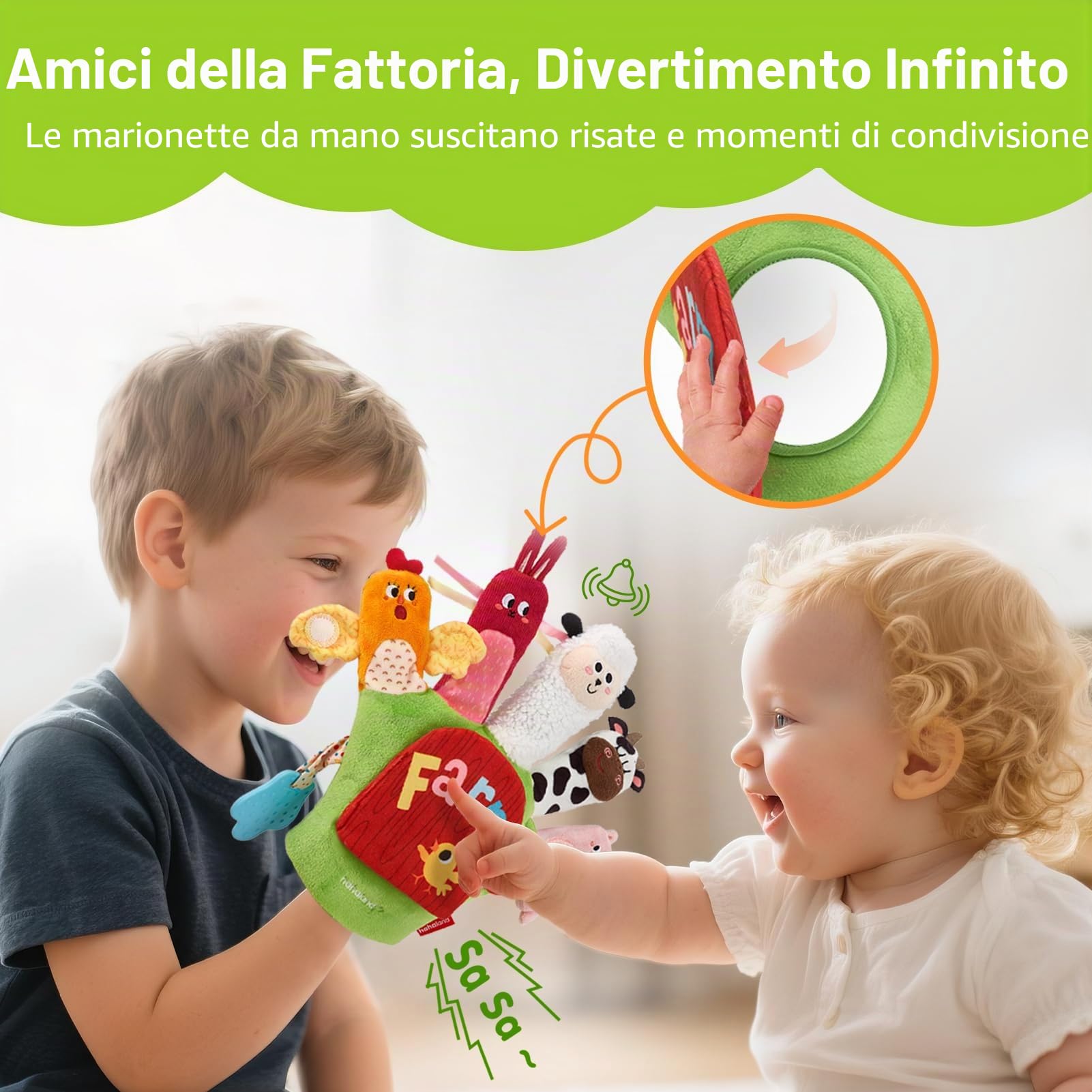 hahaland Giochi Sensoriali Neonati 6 Mesi, Guanto Marionetta della Fattoria Interattivi Gioco Montessori 6 Mesi, con Sonaglio/Specchio, Tummy Time Neonato 3 6 9 12 Mesi
