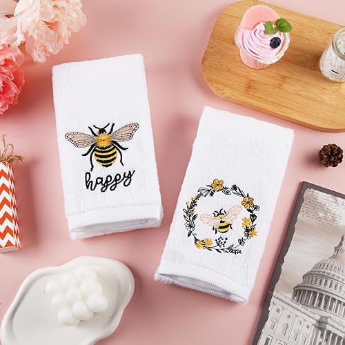 Miniatura 2 de Quera Paquete de 2 toallas de mano con diseño de abeja, 100% algodón, bordadas, de lujo, decorativas, para secar, limpiar, cocinar, juego de toallas