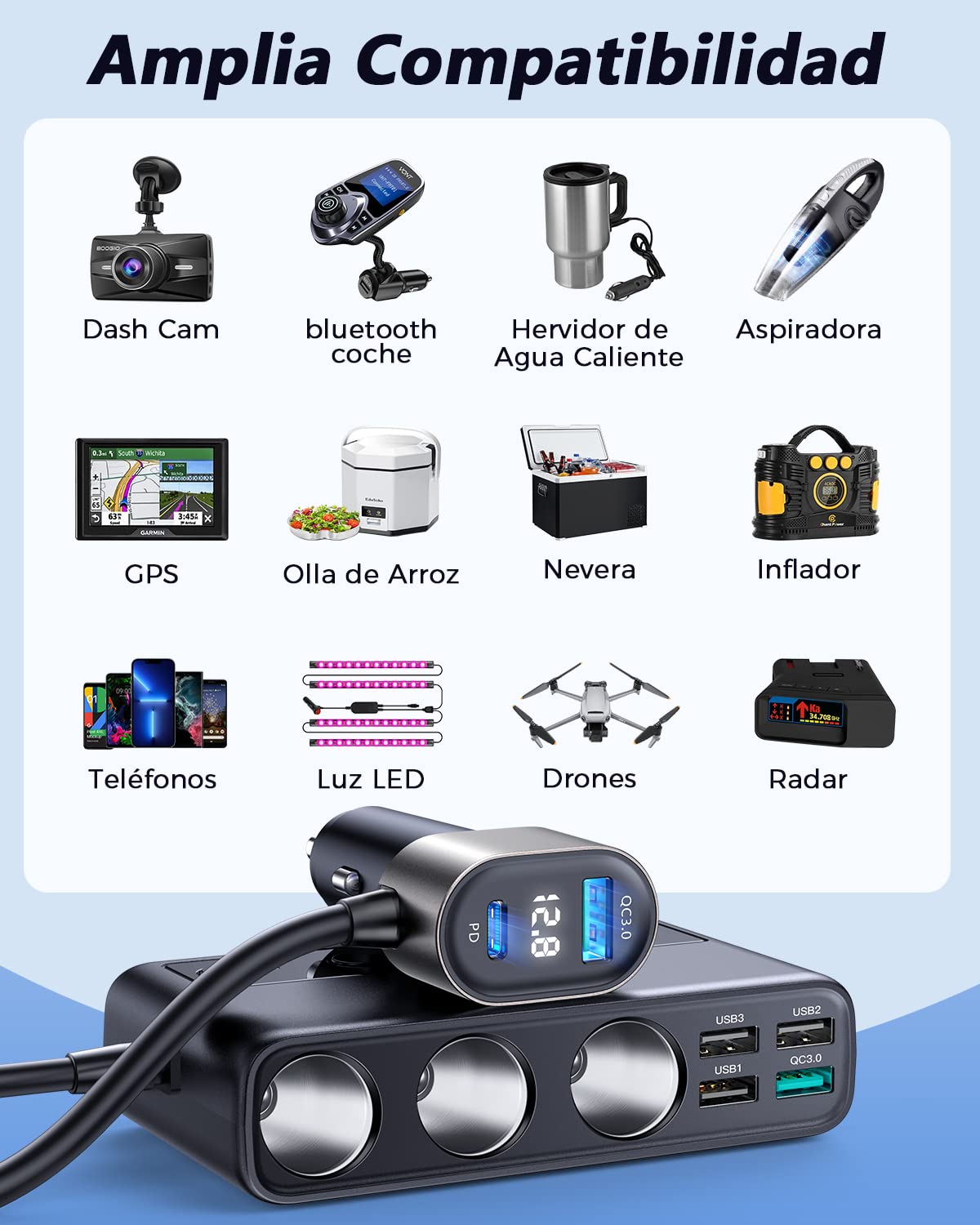 JOYROOM 210W 9-en-1 Divisor Encendedor Cigarrillos,【2025 Nuevo】 12V/24V Divisor Salida 3 Socket Cigarette Lighter Splitter con 36W PD/QC 3.0, 5 Puertos de Carga USB & Voltímetro LED para iPhone 16