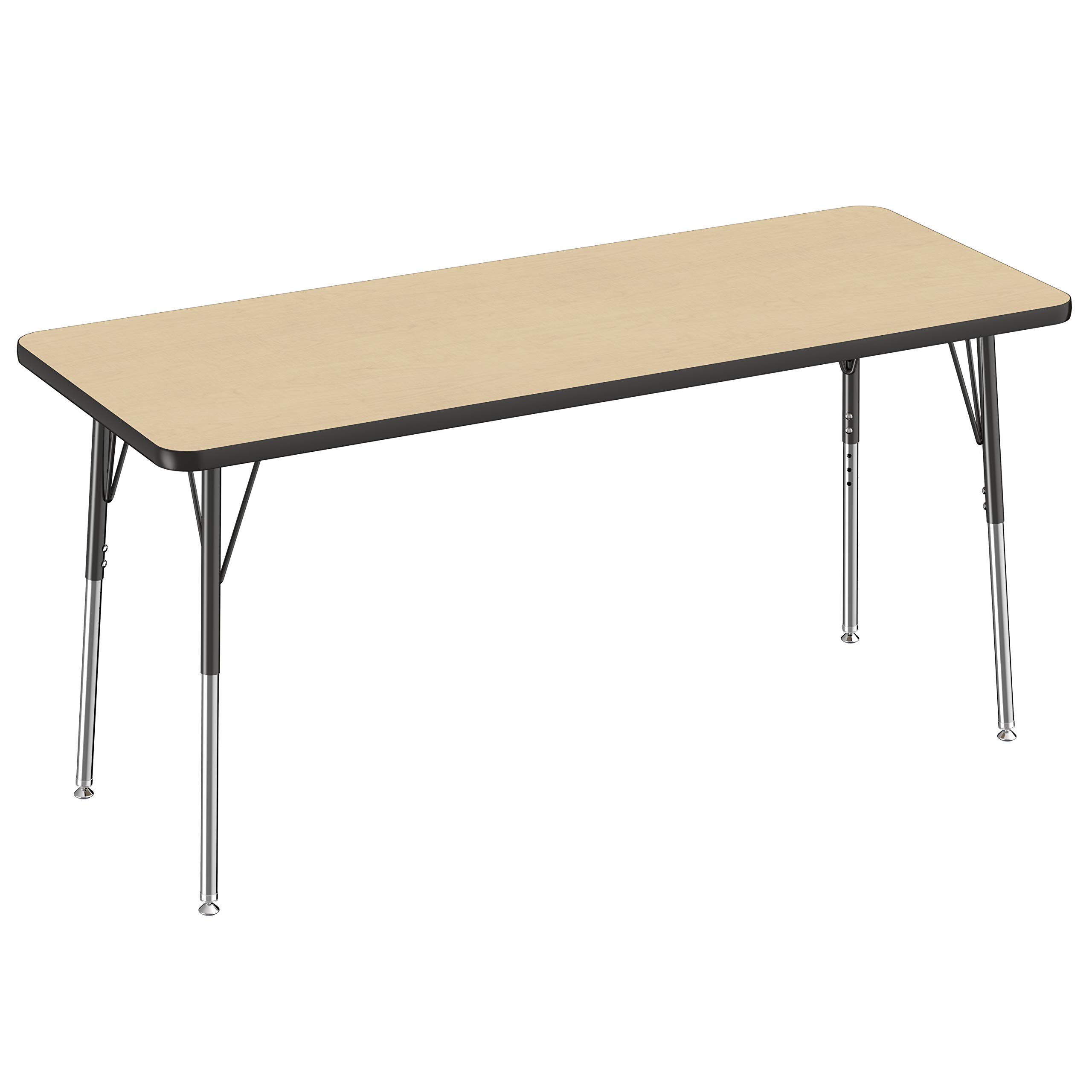 FDP Rectangle Activity School and Office Table (24 x 60 inch), Standard Legs with Swivel Glides, Adjustable Height 19-30 inches - Maple Top and Black