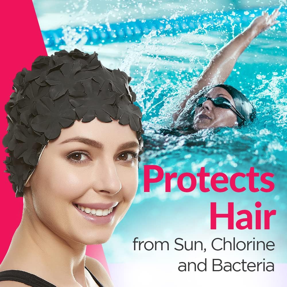 BeeMo Women’s Latex Swim Cap - Rubber Swim Cap - Soft Comfortable Stretch Stylish Low Cut Design Protects Hair from Sun Salt or Chlorine Perfect for Water Activities Optional Chin Strap Available