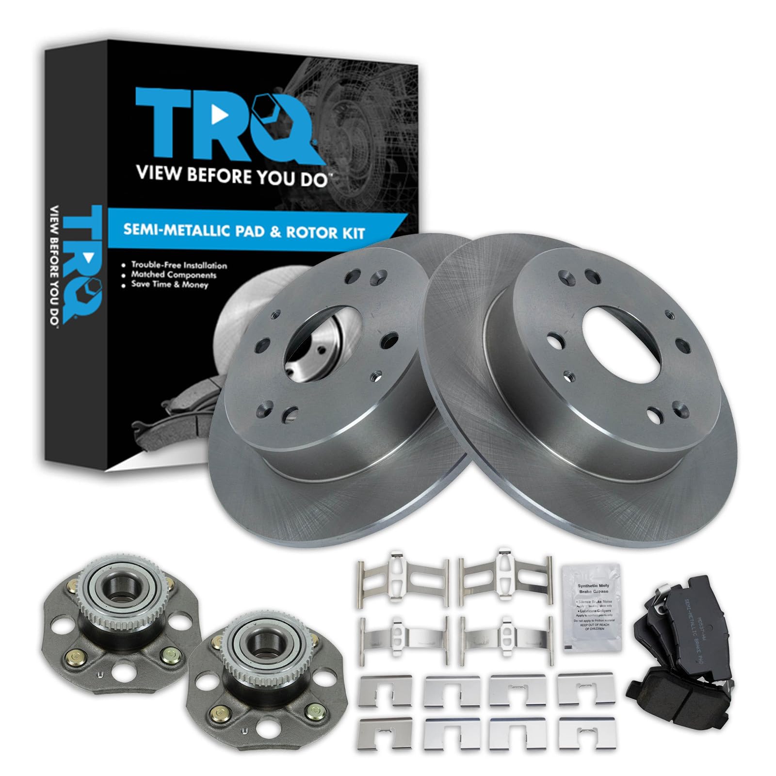 TRQ Rear Brake Pad and Rotor Set Semi Metallic Rotors Wheel Hub Bearing
