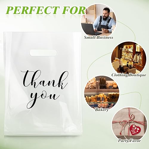 Miniatura 6 de Crtiin 100 bolsas transparentes para mercancía, bolsas de compras con asas troqueladas, embalaje de plástico para pequeñas empresas, tiendas