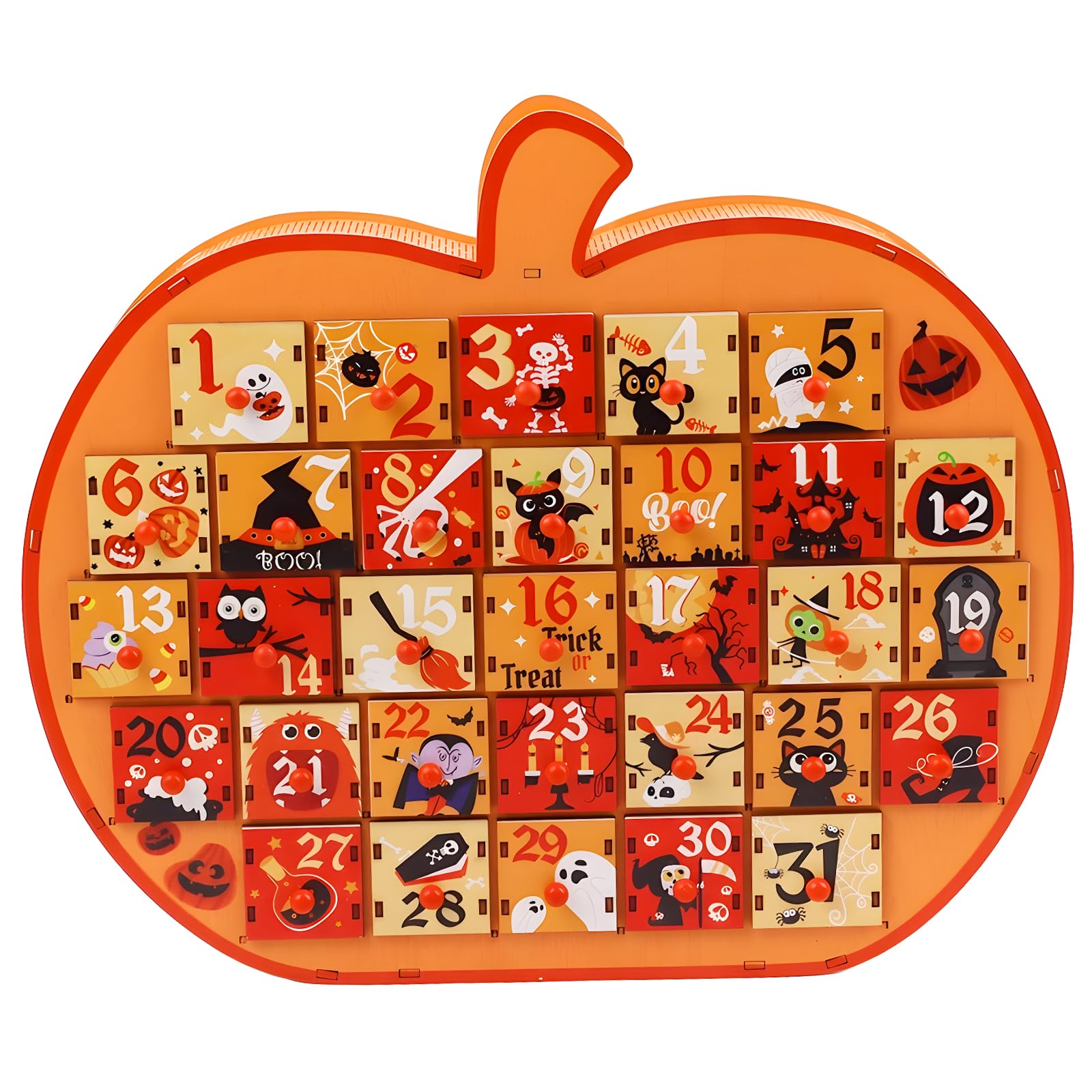 FOIMAS Calendario de Adviento de Halloween, caja de calendario de Adviento de madera con cuenta regresiva de calabaza de 31 días con cajones de almacenamiento para decoración de fiesta de Halloween