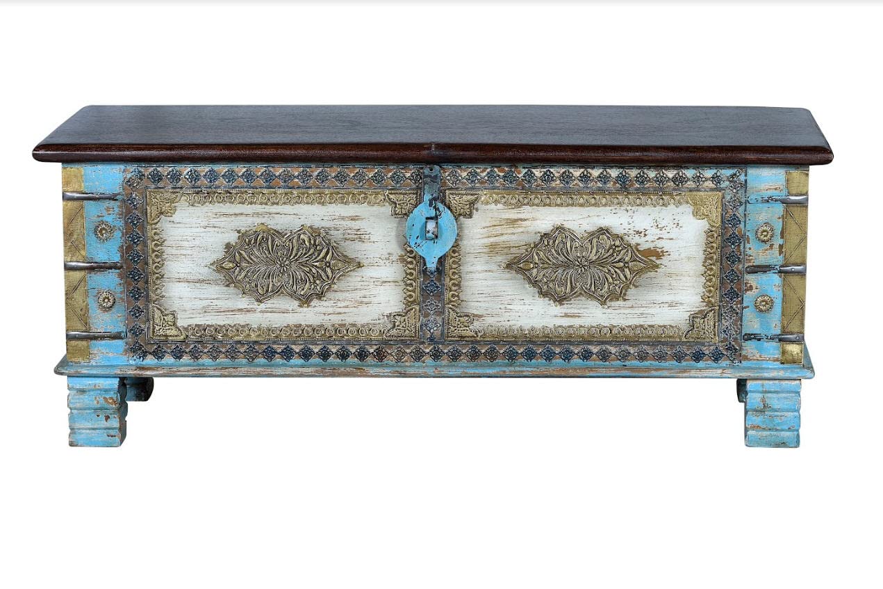 Baúles Decorativos - Baúl Madera Azul/Bronce (45x116x40)