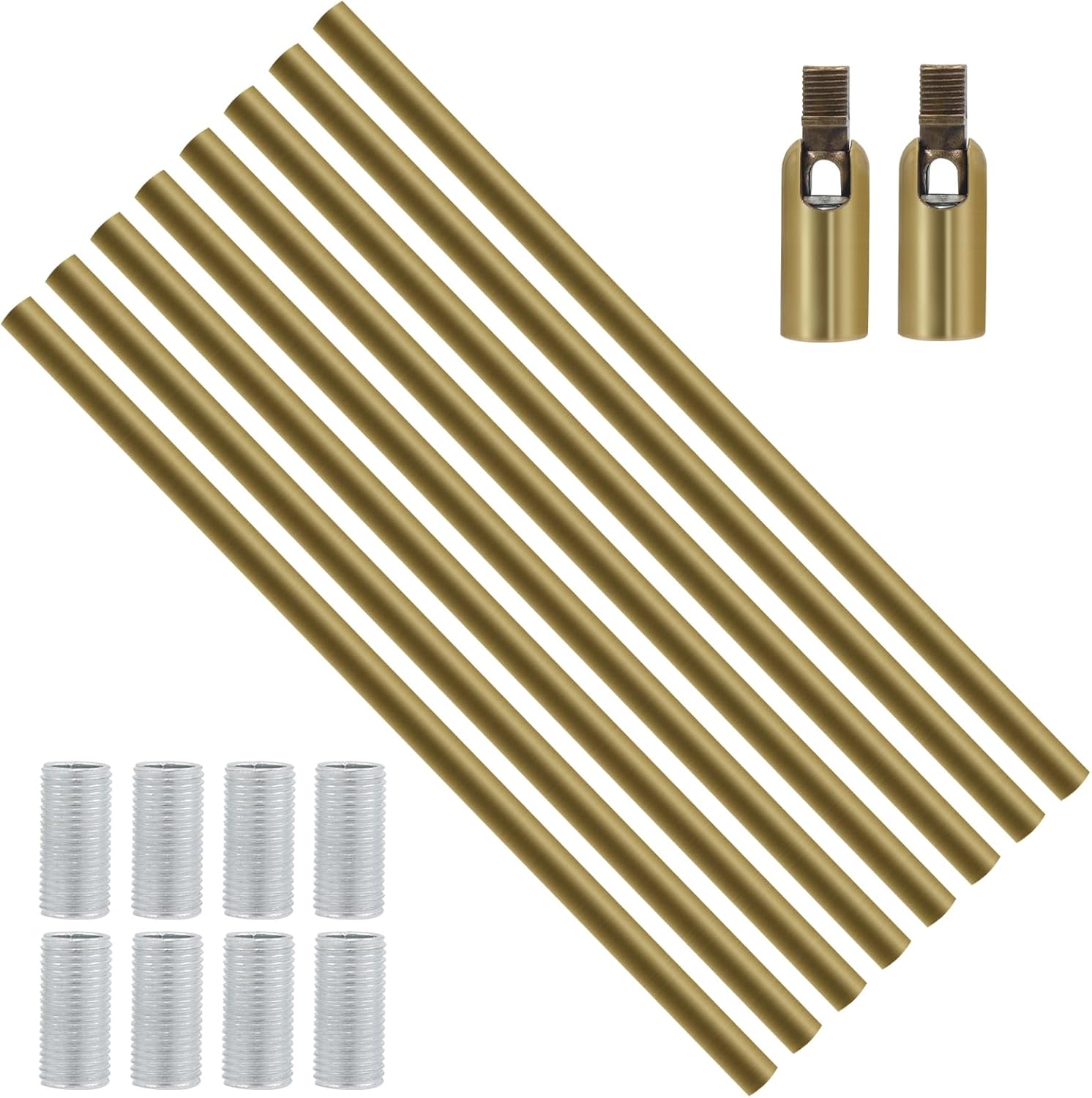 Antrader M10 Threaded Extension Rod 8pcs Lighting Fixture Stems with 2pcs 180 Degree Sloped Ceiling Adapters for Pendant Light,Light Fixture Parts Replacement 12-inch Length Gold Color