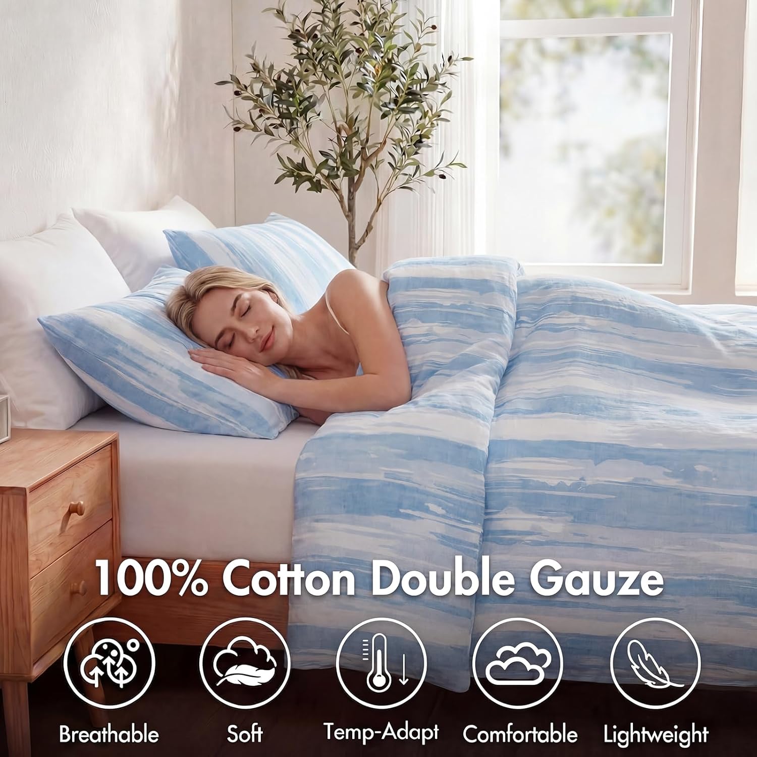Herside Queen Duvet Cover Set,100% Cotton Double Gauze,Blue Watercolor Stripe Muslin Bedding,Soft Airy Breathable Coastal Bedding Set,3 Pieces