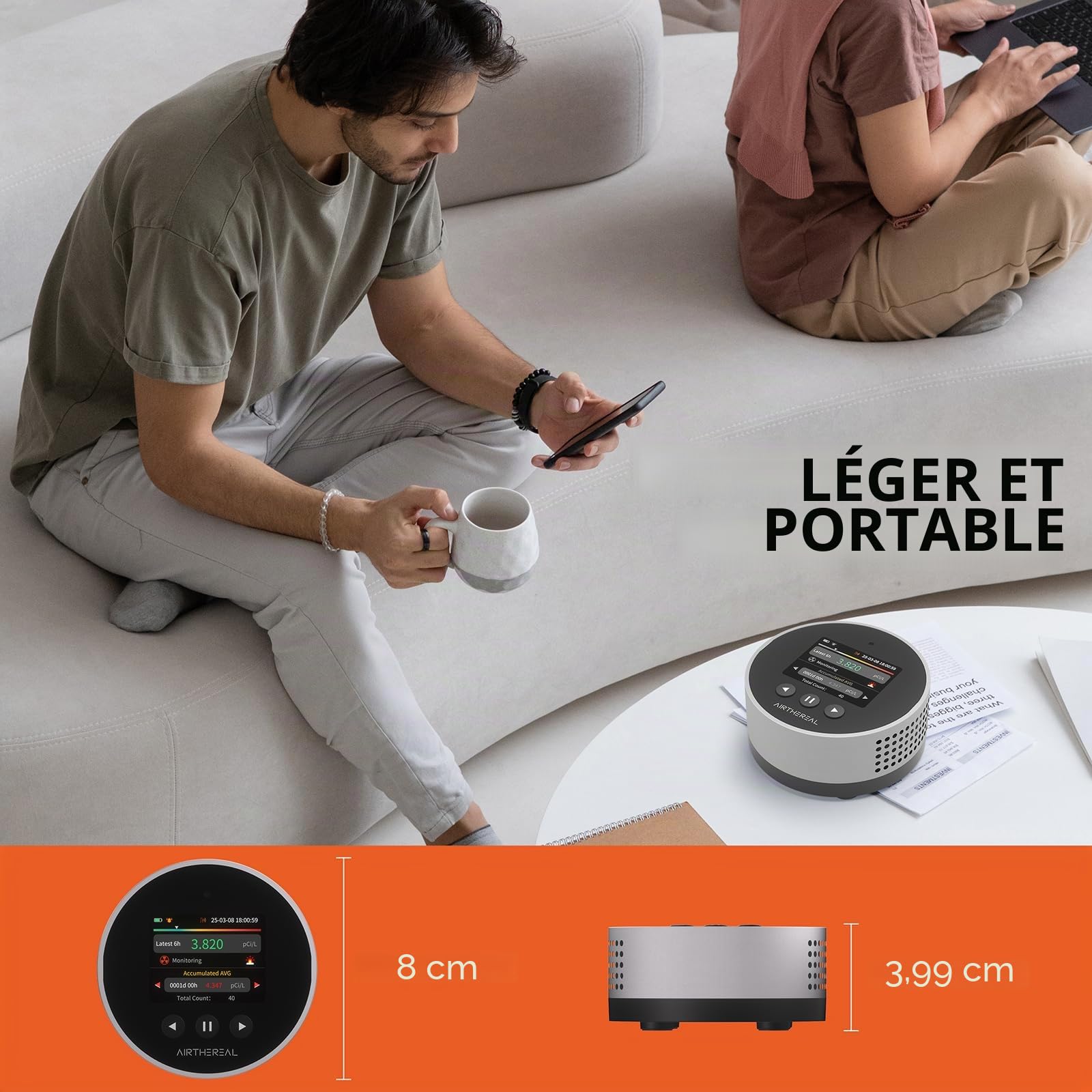 Airthereal Détecteur de Radon Portable – Stockage des données 504 Jours, écran LCD Couleur, résultats Rapides en 6 h, Longue autonomie de la Batterie, Alarme sonore et visuelle – Version 2025