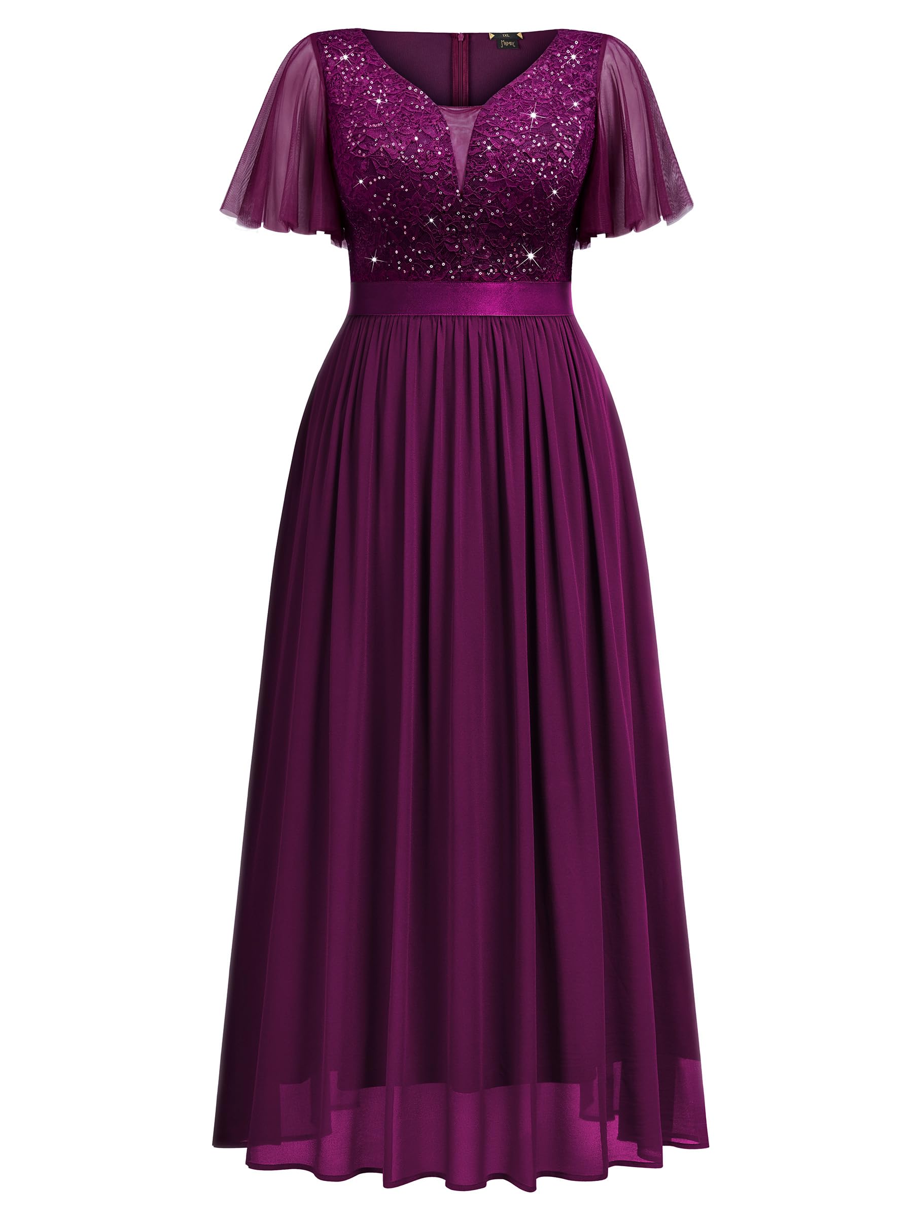 MISSMAY Abito da donna, taglie forti, vintage, con maniche svolazzanti, scollo a V, pizzo e paillettes, abito da cerimonia nuziale, cerim