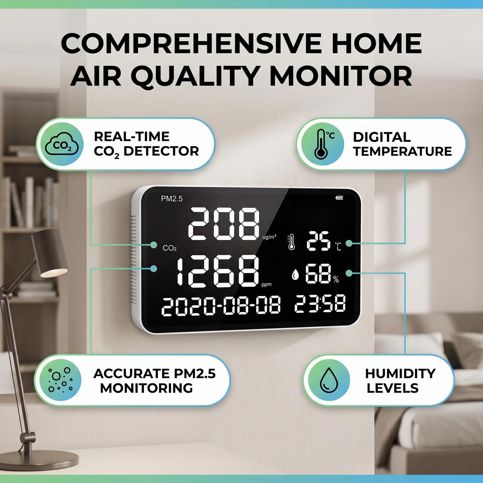 Luocute Monitor Jakości Powietrza Wewnętrznego z Dużym Wyświetlaczem, Montowany na ścianie, 7-calowy | Detektor CO2 Monitor PM2.5 z czujnikiem NDIR, miernik temperatury i wilgotności do domu, sypialni, biura