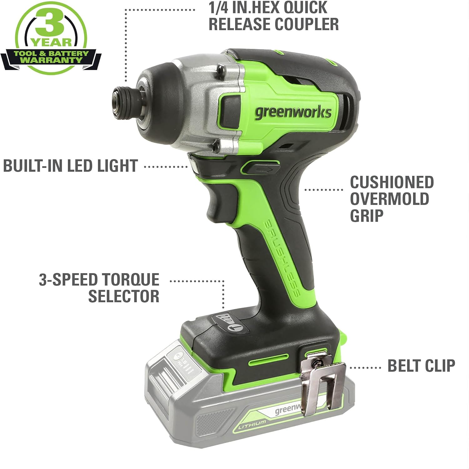 Weekly Top Sale Greenworks 24V Brushless Cordless Impact Driver Kit, 2650in./lbs Torque, 1/4 '' Hex Collet, Variable Speed-Bare Tool Exclusive Discount 60% Price Greenworks 24V Brushless Cordless Impact Driver Kit, 2650in./lbs Torque, 1/4 '' Hex Collet, Variable Speed-Bare Tool