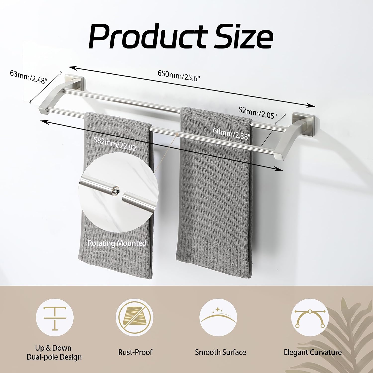Alise Double Towel Bar, 24 Inch Towel Rack for Bathroom Wall Mounted, SUS304 Stainless Steel Bathroom Towel Holder Joining Process Towel Rail for Bathroom, Brushed Nickel