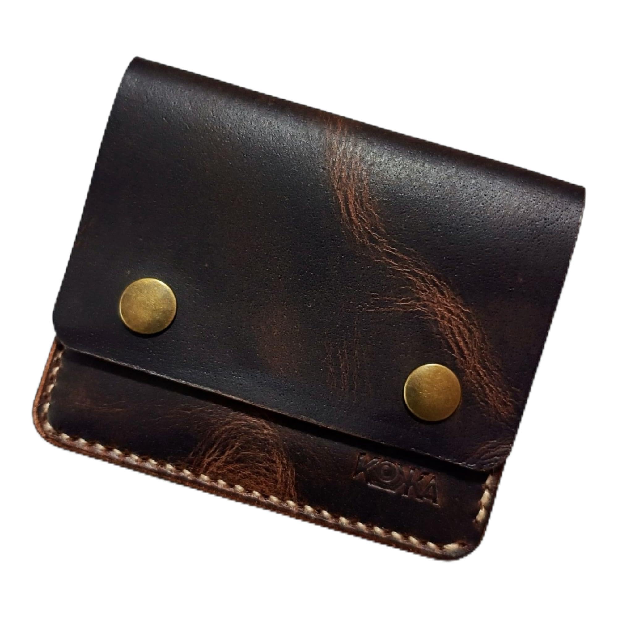 Premium Leather Card Holder, 2 Card Slots, 1 Main Pocket, Brass Button Closure, Dark Brown-image-0