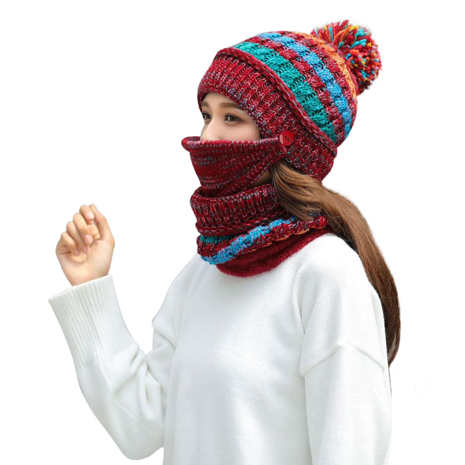 3 in 1 Women Knitted Hat Circle Scarf Mask Set Fleece Pom Pom Beanie Hat Neckwarmer Full Warm Mask Earflap Thermal Winter Cycling Balaclava Skull Cap Windproof Ski Hood Hat Red-image-41