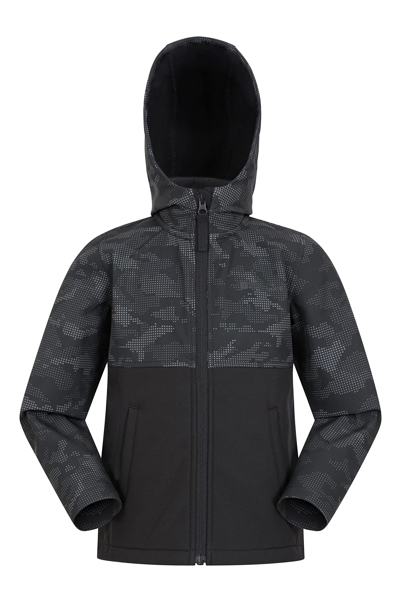 Mountain Warehouse Exodus Kids Softshell Jacket - Breathable, Wind & Water Resistant, Fleece Lined Coat for Boys & Girls - For Autumn, Winter, Hiking & Outdoors Black Camo Kids Size 5-6 Years