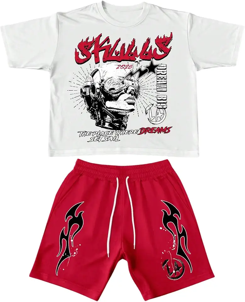 Men's 2 Piece Short Sets Crew Neck Graphic Baggy Casual T Shirts & Shorts Y2K Clothes