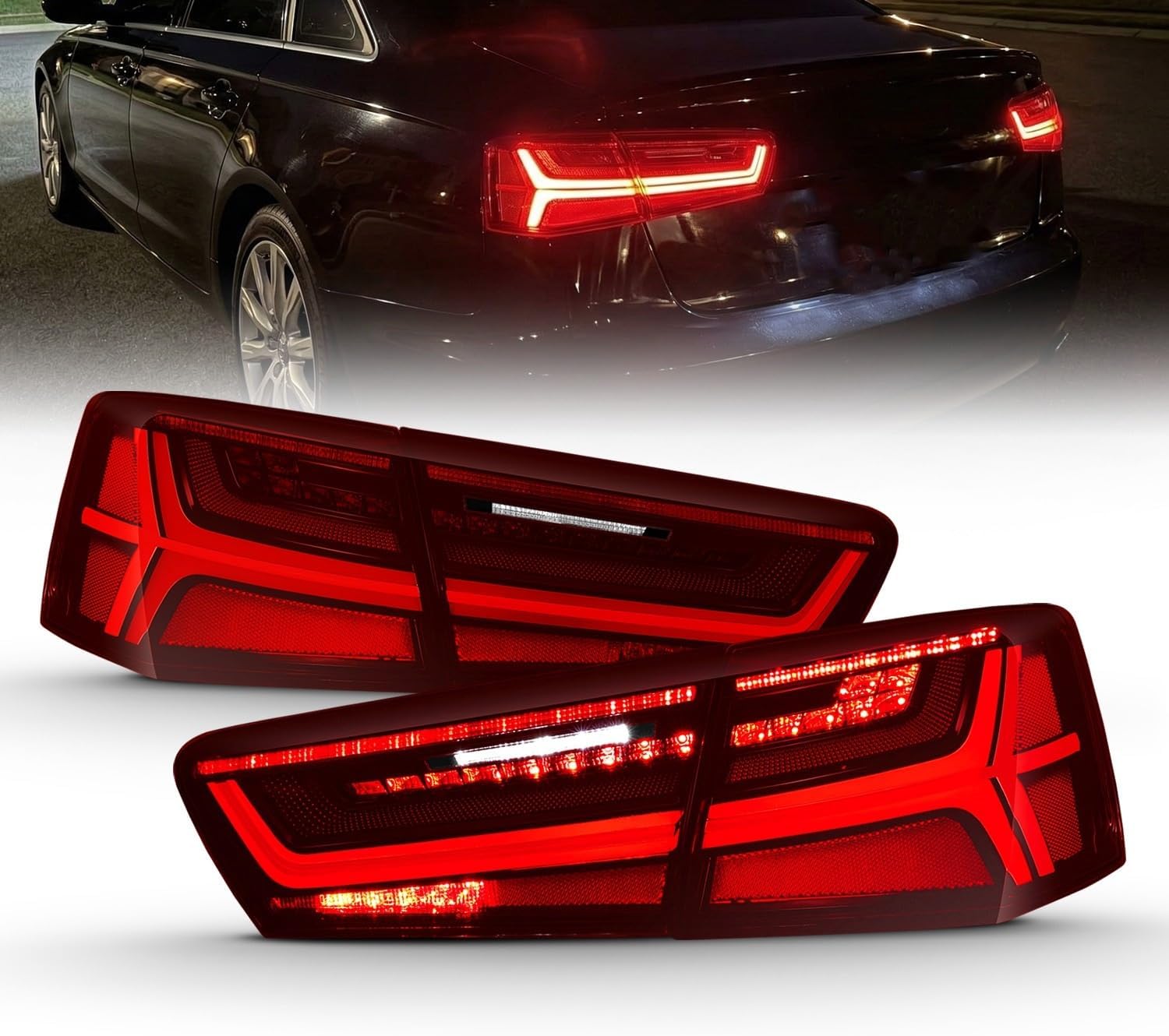 AmeriLite for 2012-2015 Audi A6 / S6 [Full LED] Sequential Turn Signal Ruby Red Tail Lights Assembly Set - Passenger and Driver Side