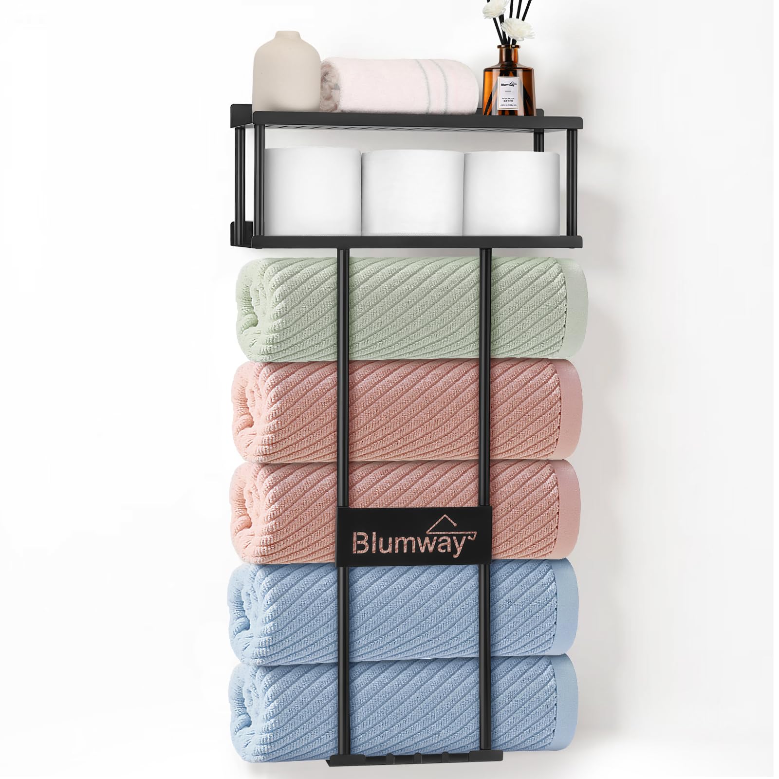 BlumWay 76cm Badezimmer Handtuchhalter Wandmontage, Metall Handtuchhalter mit 3 Haken, kann 5 große Handtücher halten, Badezimmer Handtuchhalter mit Regal & Aufbewahrungskorb für Toilette