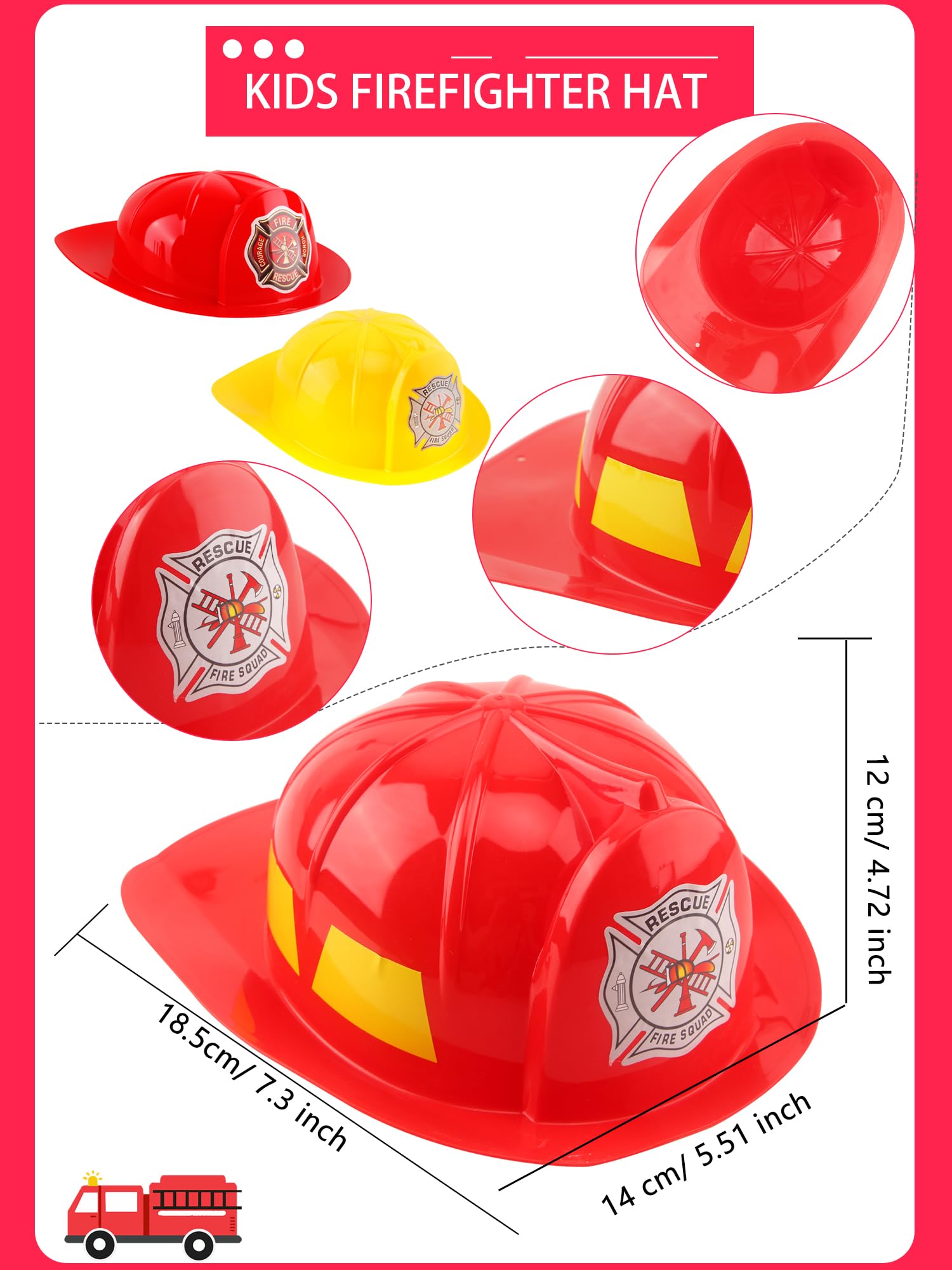 Cotiny 4 Pack Kids Firefighter Hats Plastic Fire Helmet Fireman Costume Hat for Kids Fireman Cosplay Halloween Party Decor (Color Style 3)