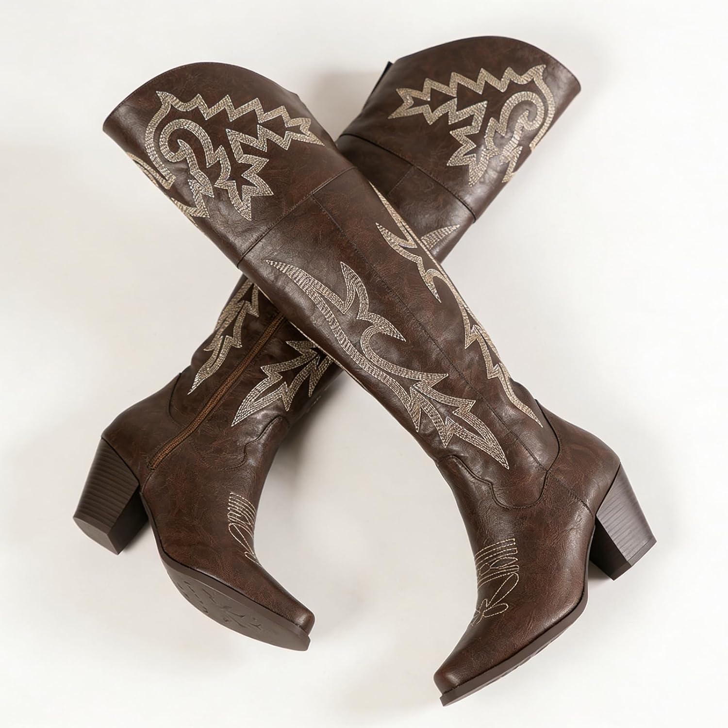 Meefit Women’s Embroidered Over-the-Knee Cowboy Boots – Snip Toe Thigh-High Western Cowgirl Boots with Zipper Wide Calf Classic Tall Shoes