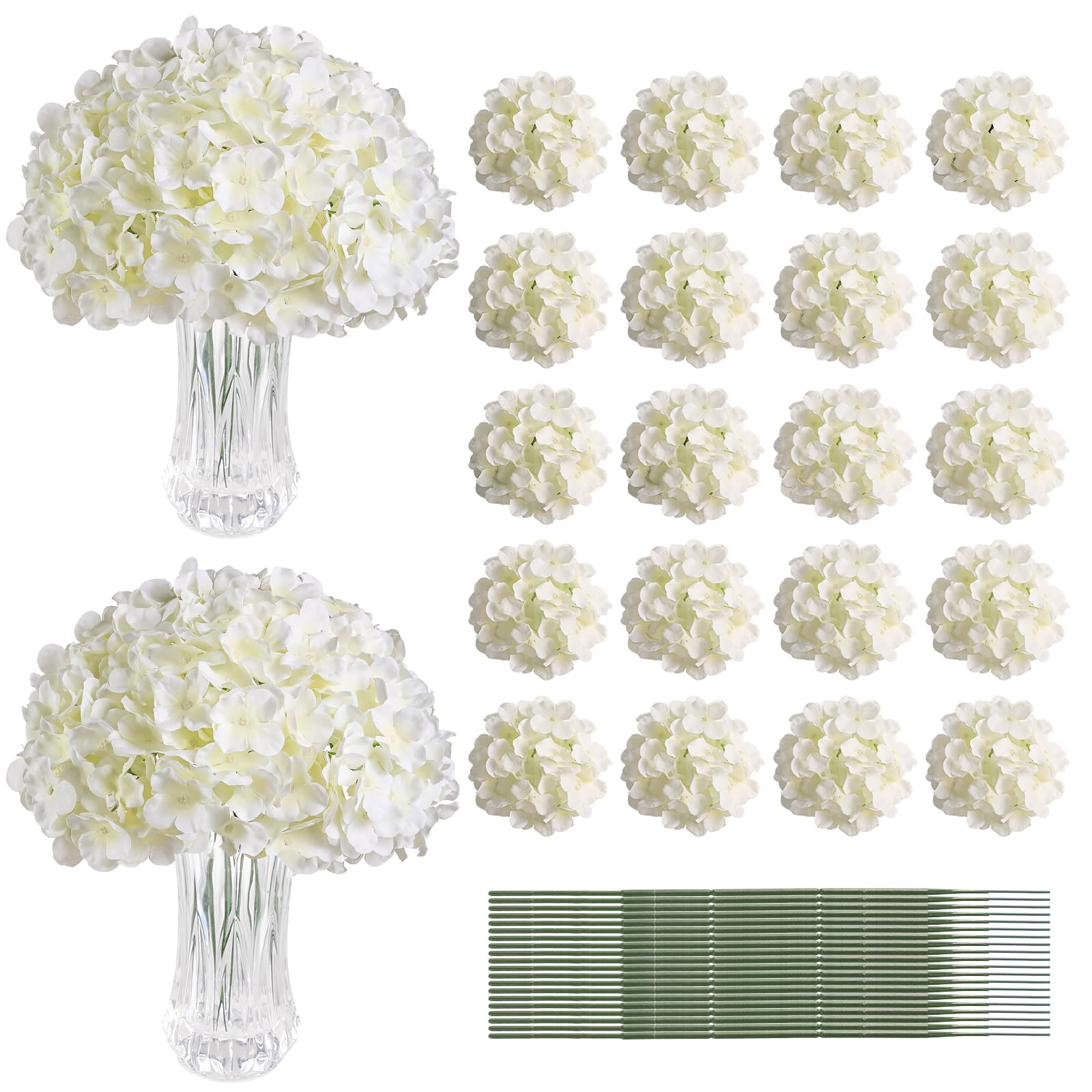 White Hydrangea Artificial Flowers Bulk, 20Pcs Silk Flower Heads with Stems | Ideal for Wedding Centerpieces, Home Decor, Birthday Parties, Banquet Decor, Bridal Tables, DIY Handmade Floral Arrangements