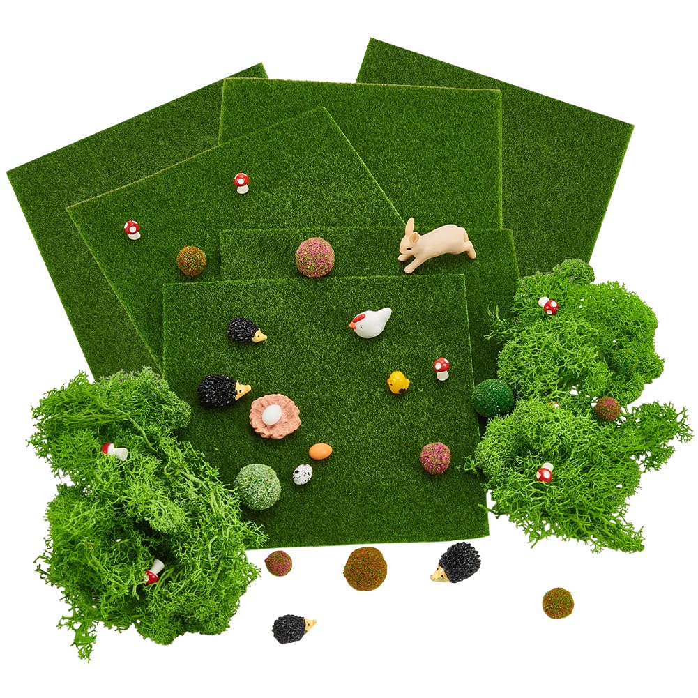 FREEBLOSS 54Pcs Fake Moss & Artificial Grass Set Miniature Fairy Garden Accessories Kit Tiny Green Mat for Dollhouse Decoration Mini Moss Flooring for Plant House & Terrarium 6 * 6 Inch