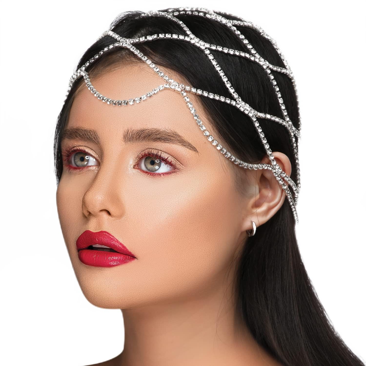 KINBOM Tocado Brillante Joyería de Plata con Cristal - Accesorios Mujer Boho Cadena Malla
