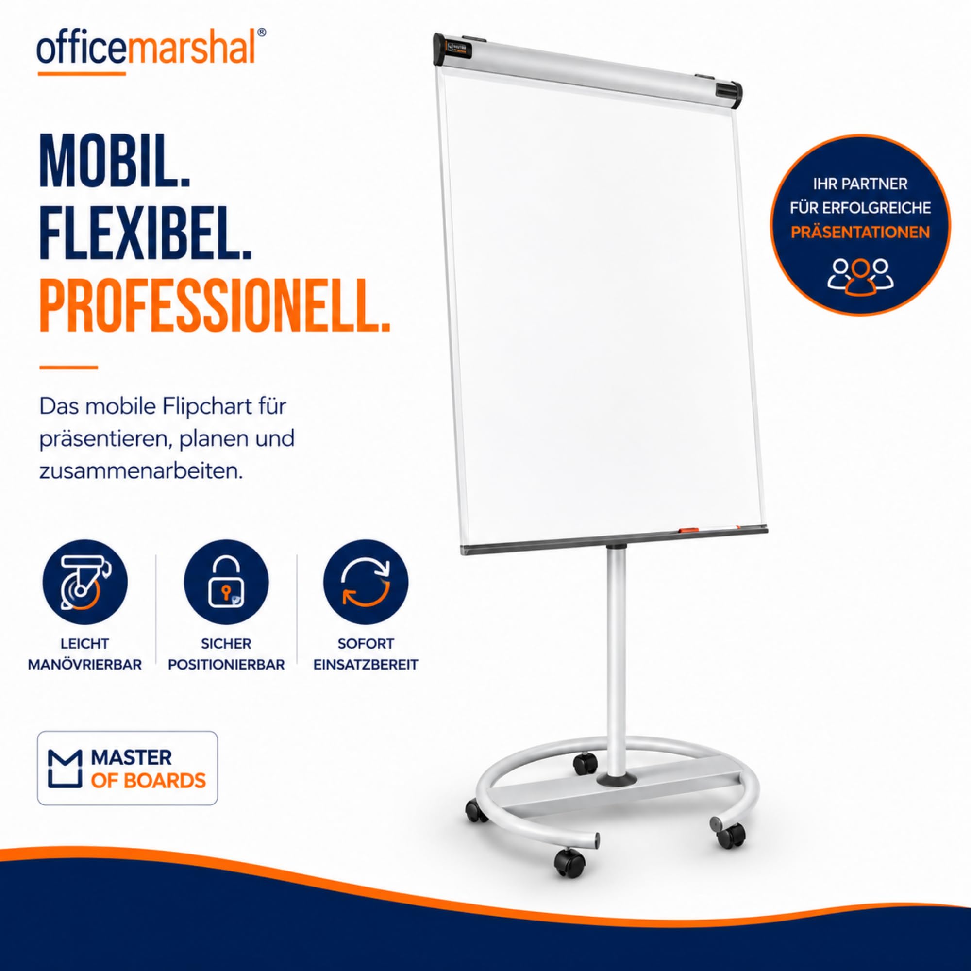 OfficeMarshal Flipchart Pizarra blanca móvil con pie de ruedas, 73 x 105 cm, altura regulable hasta 210 cm, se puede escribir, borrado en seco, magnético (tiburón)