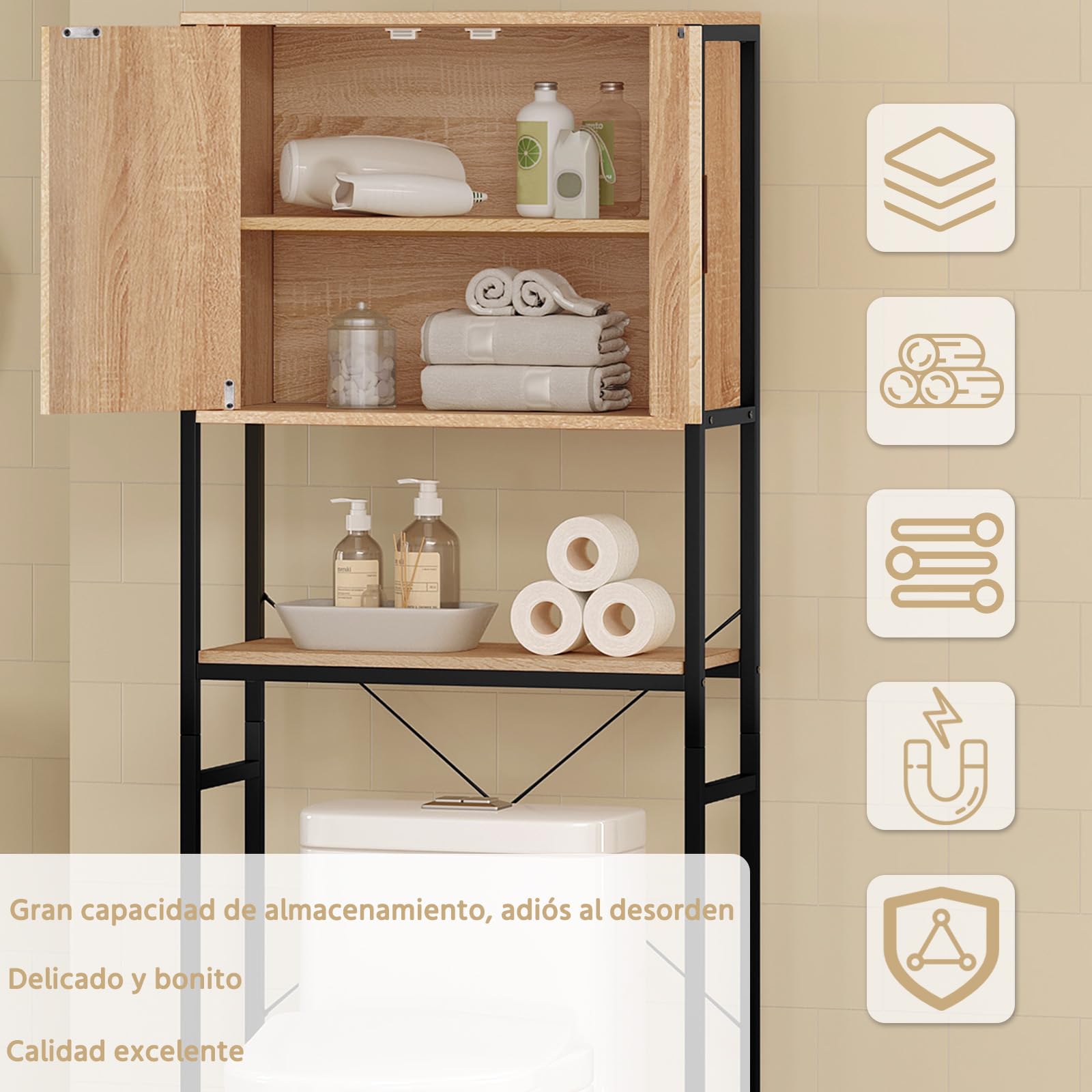 EUGAD Estanteria sobre Inodoro, Armario de Baño, Mueble de Baño con Estante Ajustable, Organizador Almacenaje para Inodoro, Ahorro de Espacio, Estructura de Metal, 64,5x27x170 cm