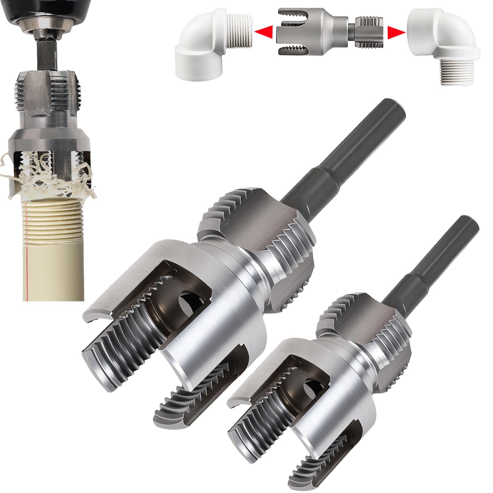 PVC Pipe Threader Kit, 3 Piece Set, 1/2", 3/4", 1" NPT, Internal and External Threading, Compatible with Electric Drill for PVC, PPR, MPP Pipes (1/2in+3/4in)