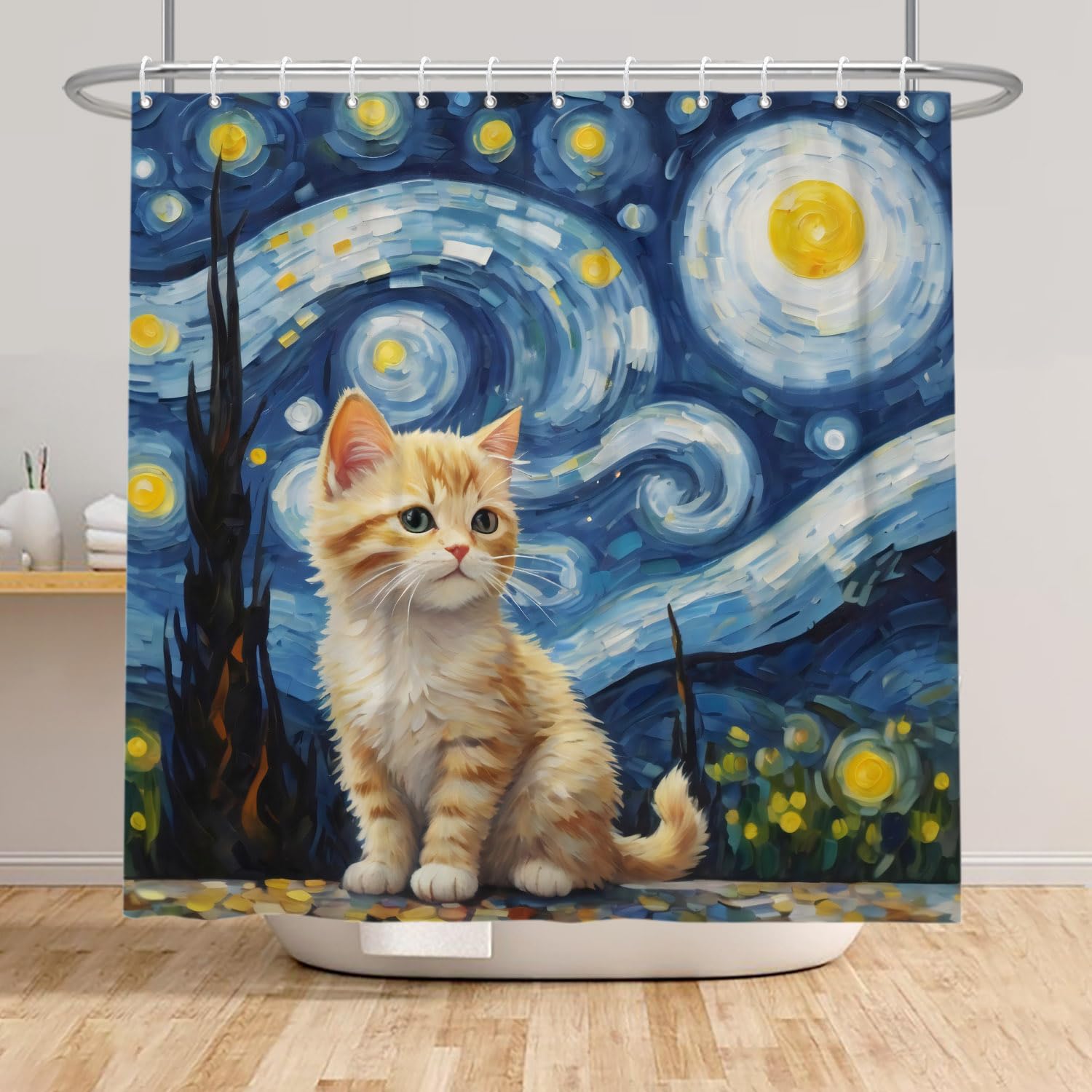 Cortina de Baño 165x183cm Temática para Gatos - Estrella de Arte Azul con Gatos Naranjas - Impermeable, Poliéster, Decoración de Baño