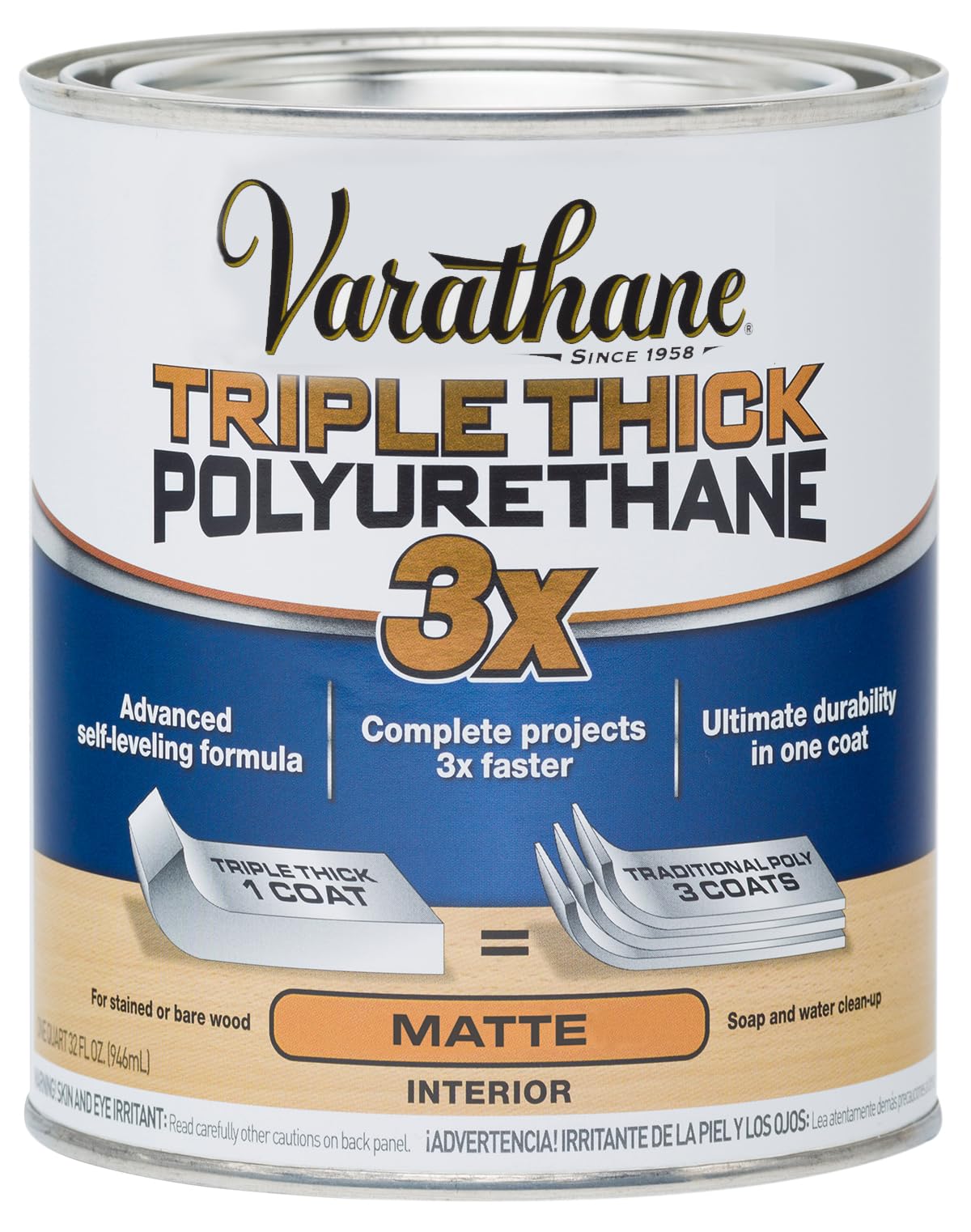 Varathane Triple Thick Polyurethane Clear Wood Finish | Self-Leveling Formula | Scratch and Stain Resistance | Durability in One Coat | Matte | Quart