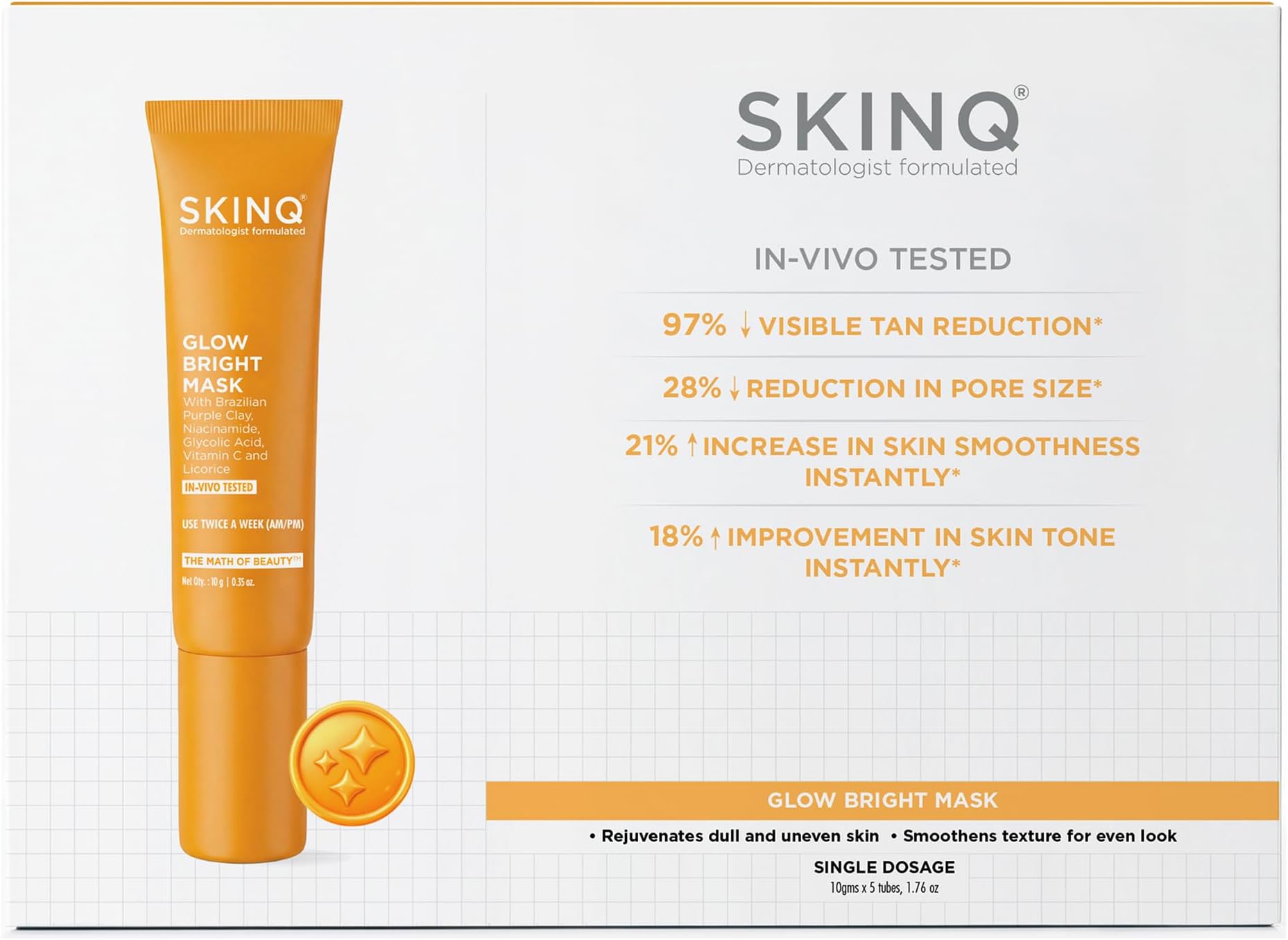 Glow Bright Mask- Pack of 5 | 97% Visible Tan Reduction | Brightening Face Pack for Radiant & Even Skin | Reduces Tan & Dullness in 15 Minutes|For All Skin Type| In-VivoTested I Derma Formulated