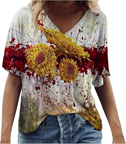 Womens Summer Tops 2022 Casual Dressy Short Sleeve V Neck T Shirts Plus Size Floral Shirt Cute 