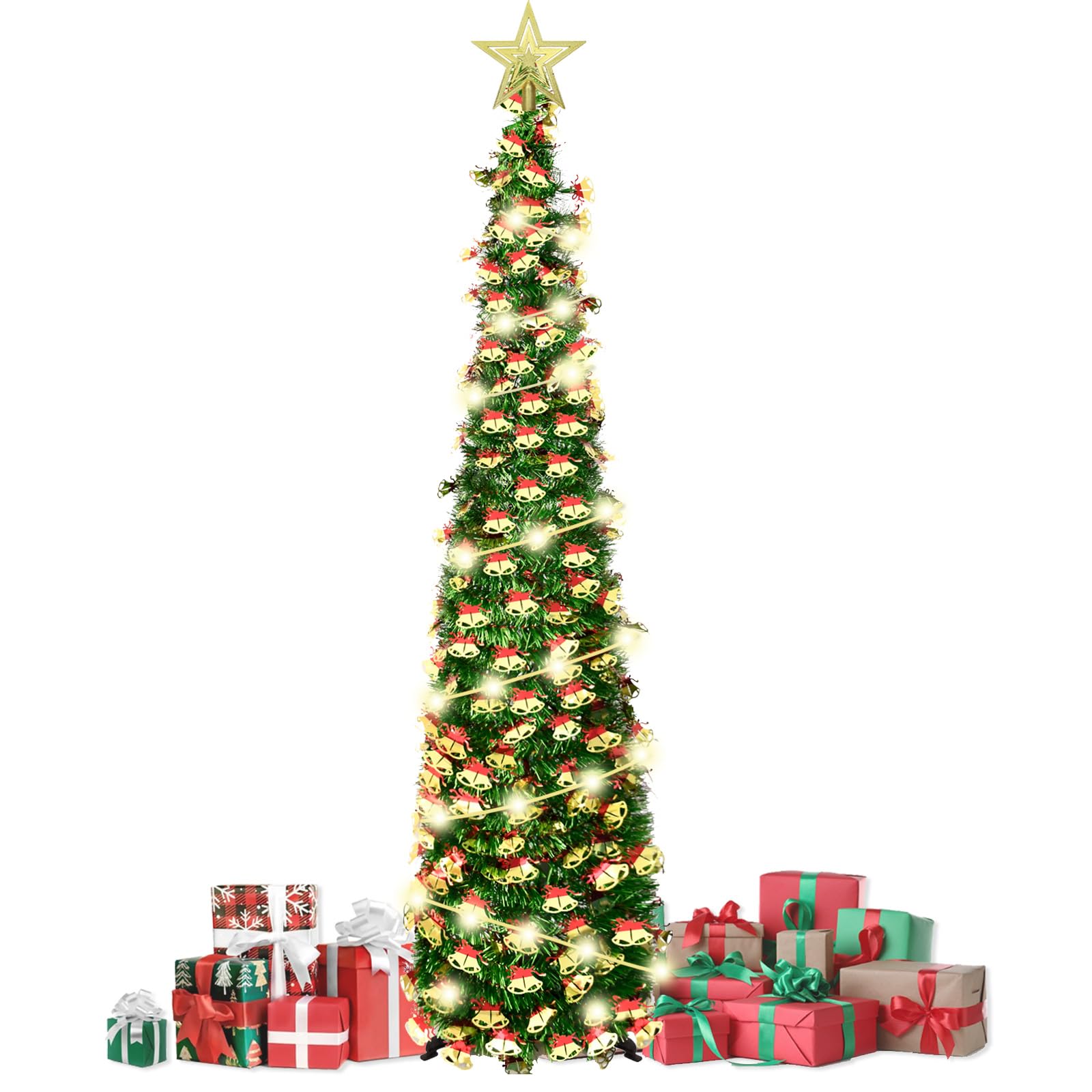 150cm arbol de Navidad Plegable,con strella Superior y 5 m de Luces de Hadas,Montaje rápido, Plegable, Decoraciones navideñas para casa, Chimenea, Oficina, Tienda, Hotel,Lentejuelas de Campana