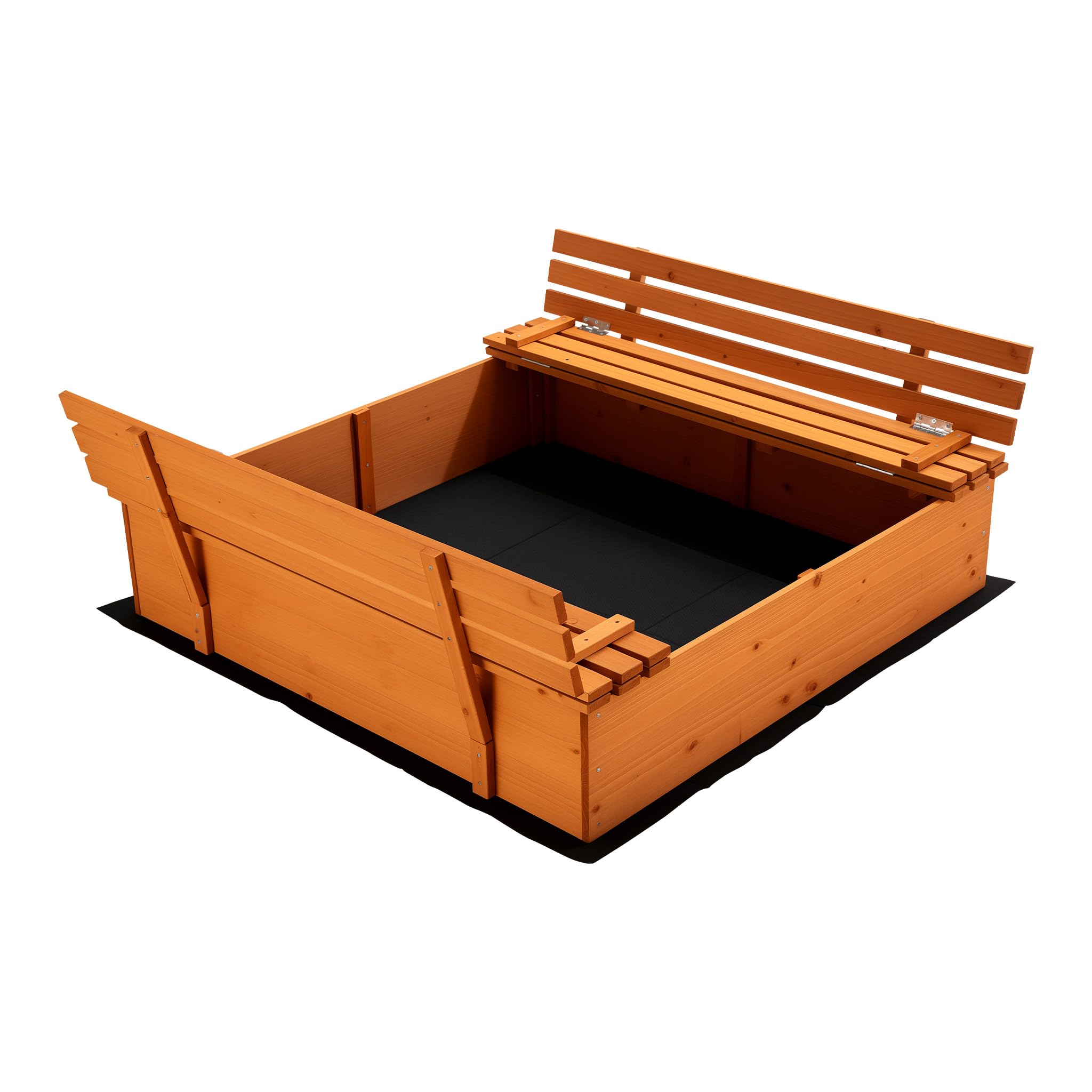 Wiltec Bac à Sable – 156,​7 x 156,​6 x 55 cm – en Bois d'épicéa – avec Couvercle Repliable, 2 Bancs intégrés, Sol Non-​tissé – Jeux extérieur Enfants
