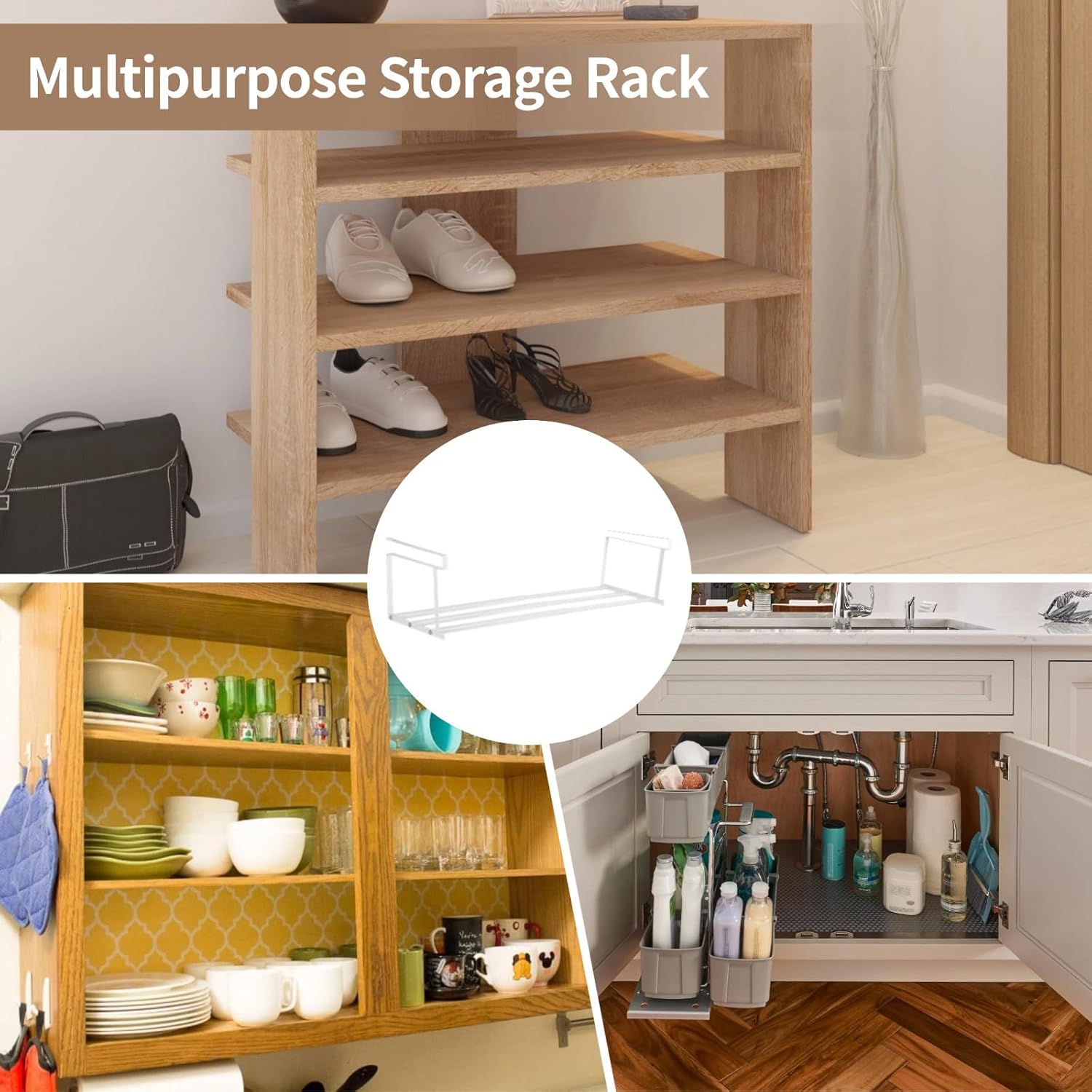 Adjustable Retractable Under Shelf Shoe Rack, Expandable Hanging Storage Organizer, No Drill, Cupboard & Pantry Solution