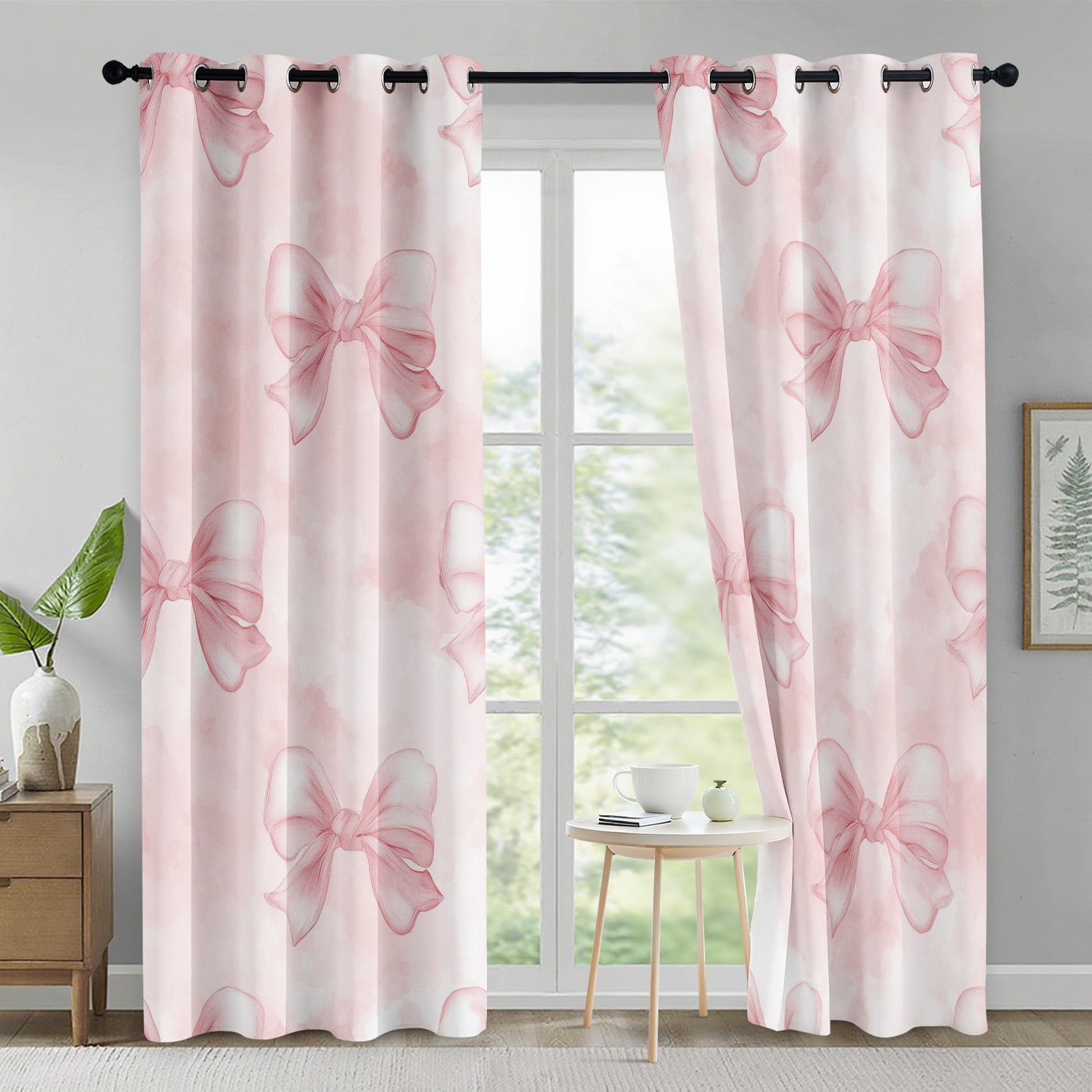 Bow Curtains 95% Blackout, Pink Cute Bowknot Patterned Curtains for Living Room Bedroom, 90 Drop Eyelet Thermal Drapes Home Decor, 90x90 Inch 2 Panels X&-140