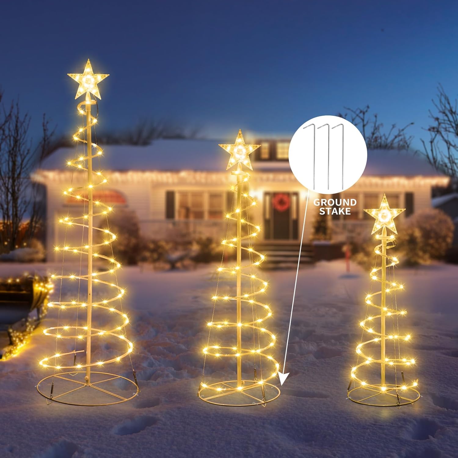 Set of 3 Christmas Decoration Outdoor Spiral Tree, 3/4/5 FT 240 LED Xmas Collapsible Tree Lighted 3D Lights Holiday Display Decorative for Indoor Outdoor Xmas Patio Wedding Decor(Warm White)