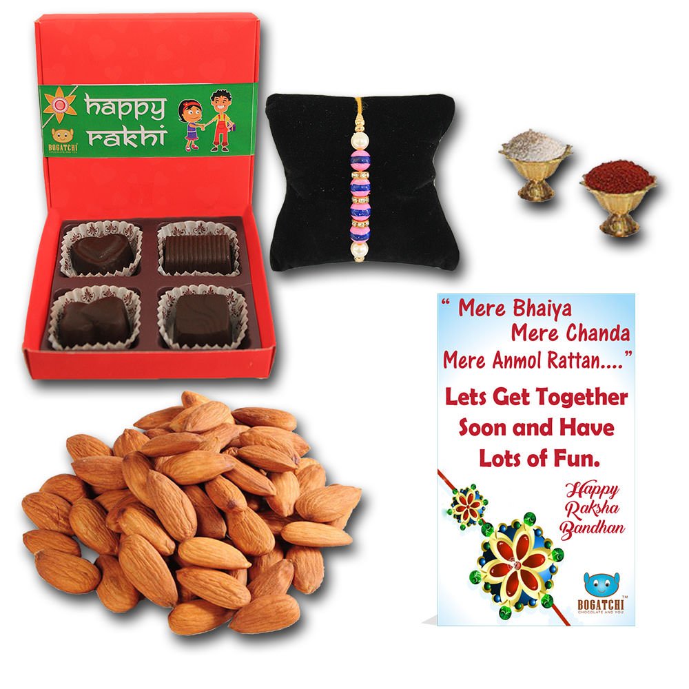 BOGATCHI Rakhi Gift Hamper - Roasted Almonds+ Pack of 4 Dark Chocolates, Free Rakhi Greeting Card + Free Roli Chawal, Free Rakhi-image-6