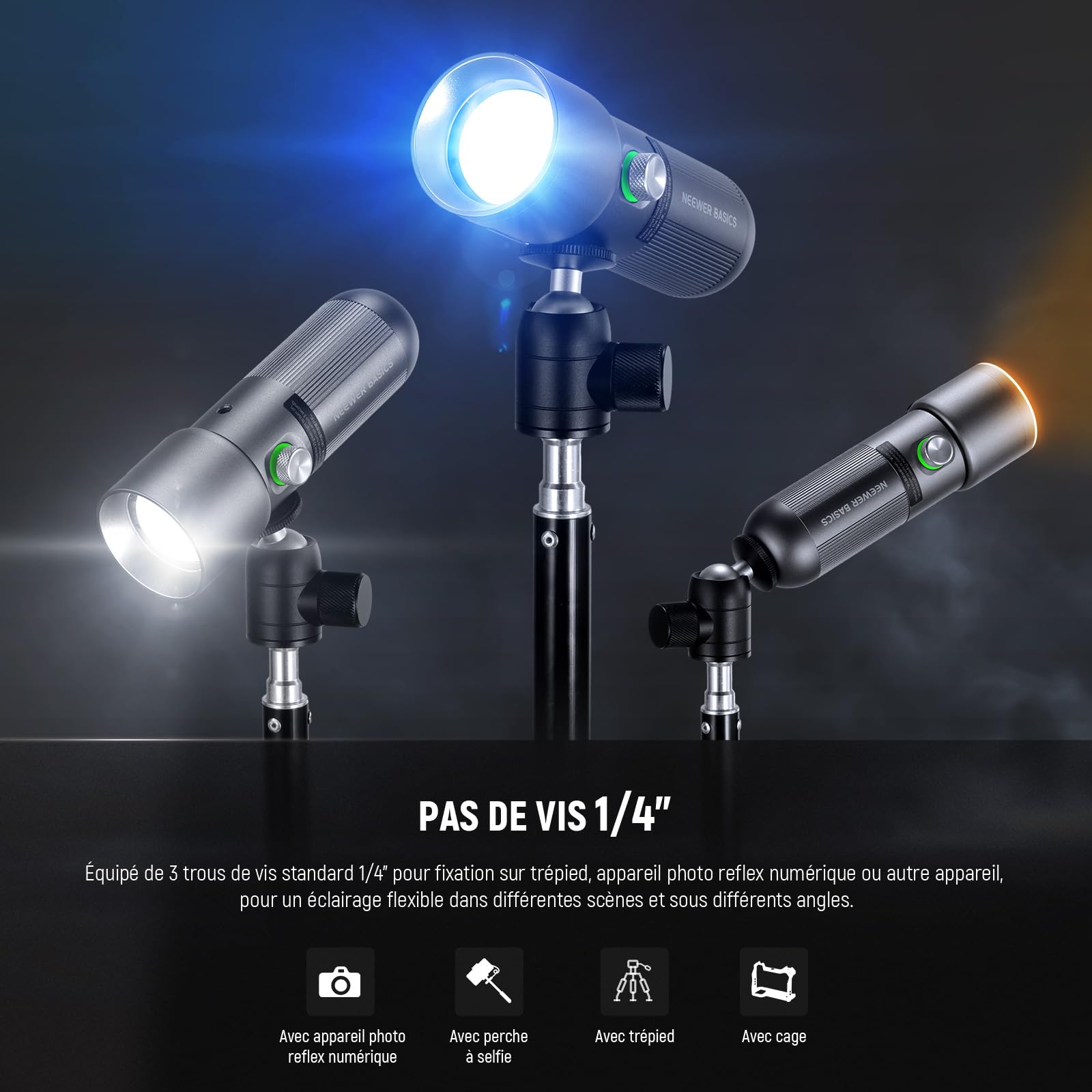 NEEWER Basics Lampe Torche LED Portable RGB, 4 Colors/20 GOBO Filtres/CRI95+/7500mAh, 10W 6300K Projecteur Vidéo LED, éclairage d'Ambiance en Alum, Coucher de Soleil pour Studio Enregistrement, FL10