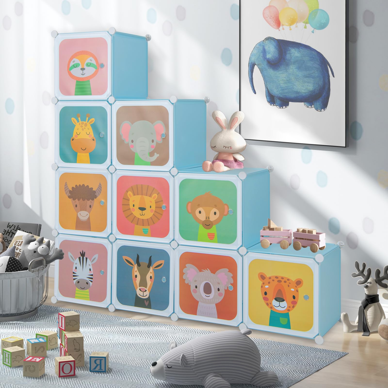 COSTWAY Meuble Rangement Enfant 12 Cubes avec Motif d'animaux, Armoire Modulable avec Portes & Poteau de Suspension, Charge 10kg pour Vêtements Chaussures Jouets, 109 x 35 x 145 cm