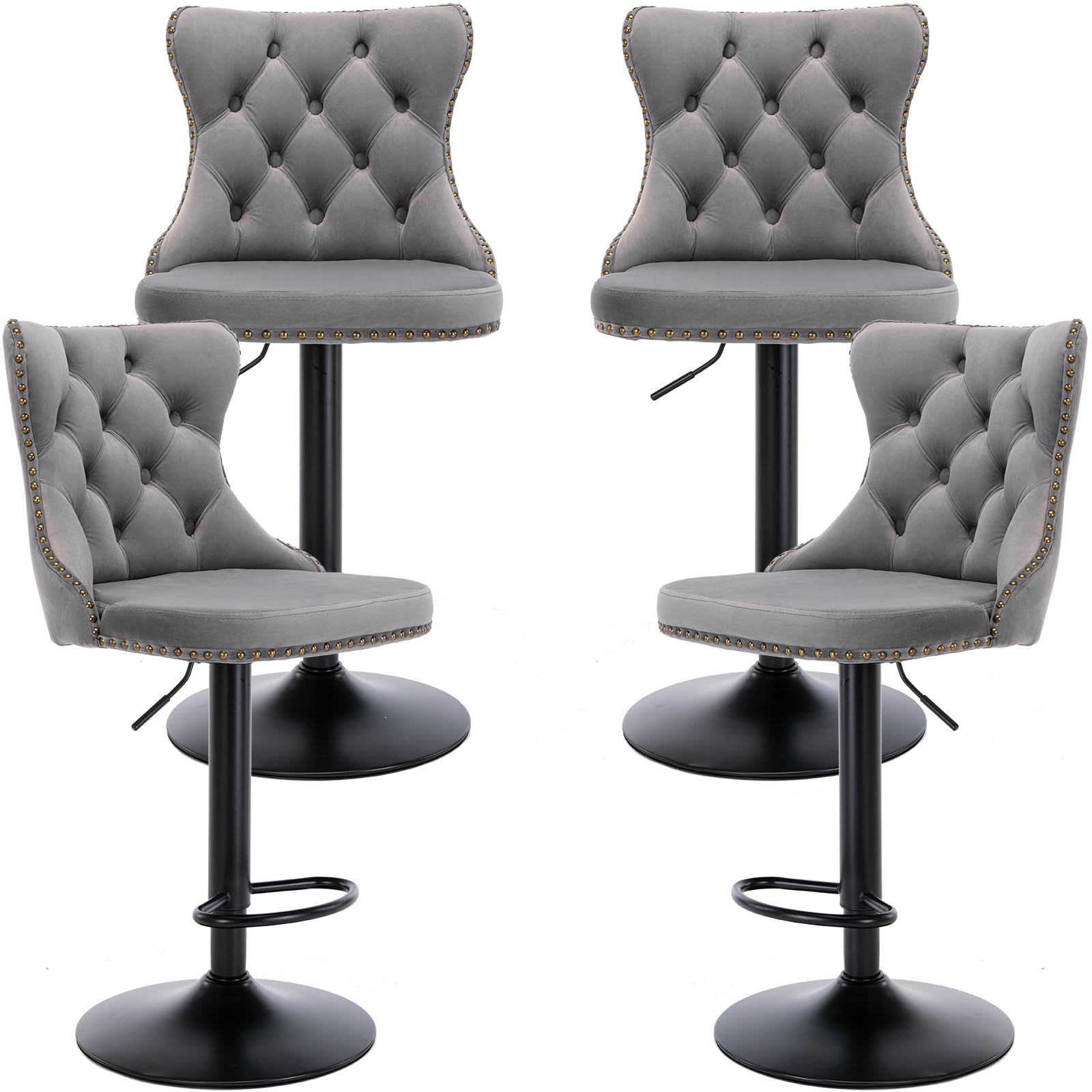 Swivel Counter Height Bar Stools Set of 4, Gray Kitchen Island Barstools, Velvet Adjustable Bar Height Stool Chairs, Tufted Back, Black Metal Base,