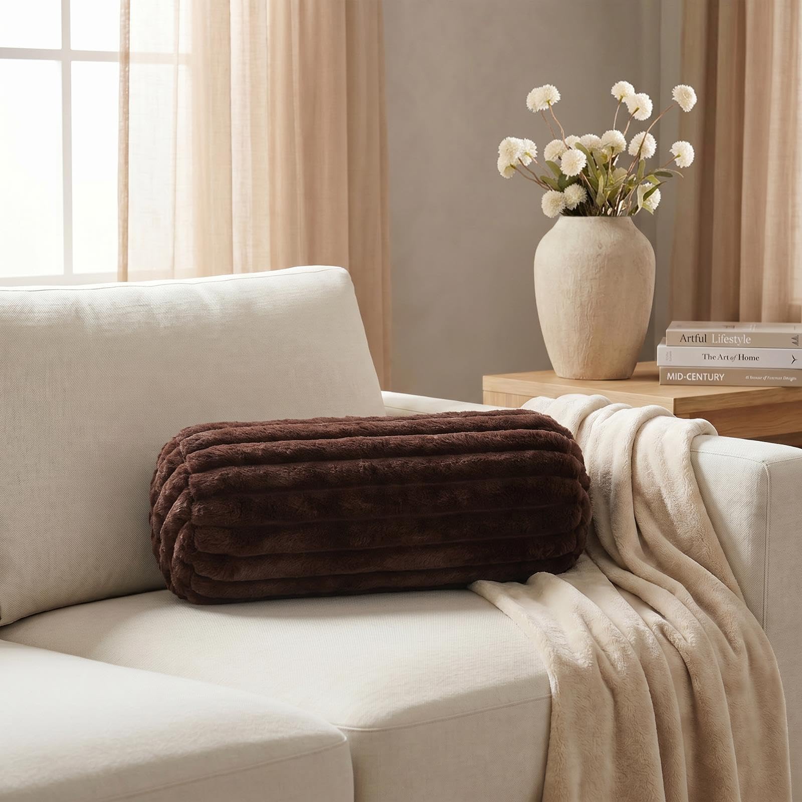 Ohs Brown Bolster Pillow Faux Fur Ribbed Cylinder Pillow Yoga Bolster,