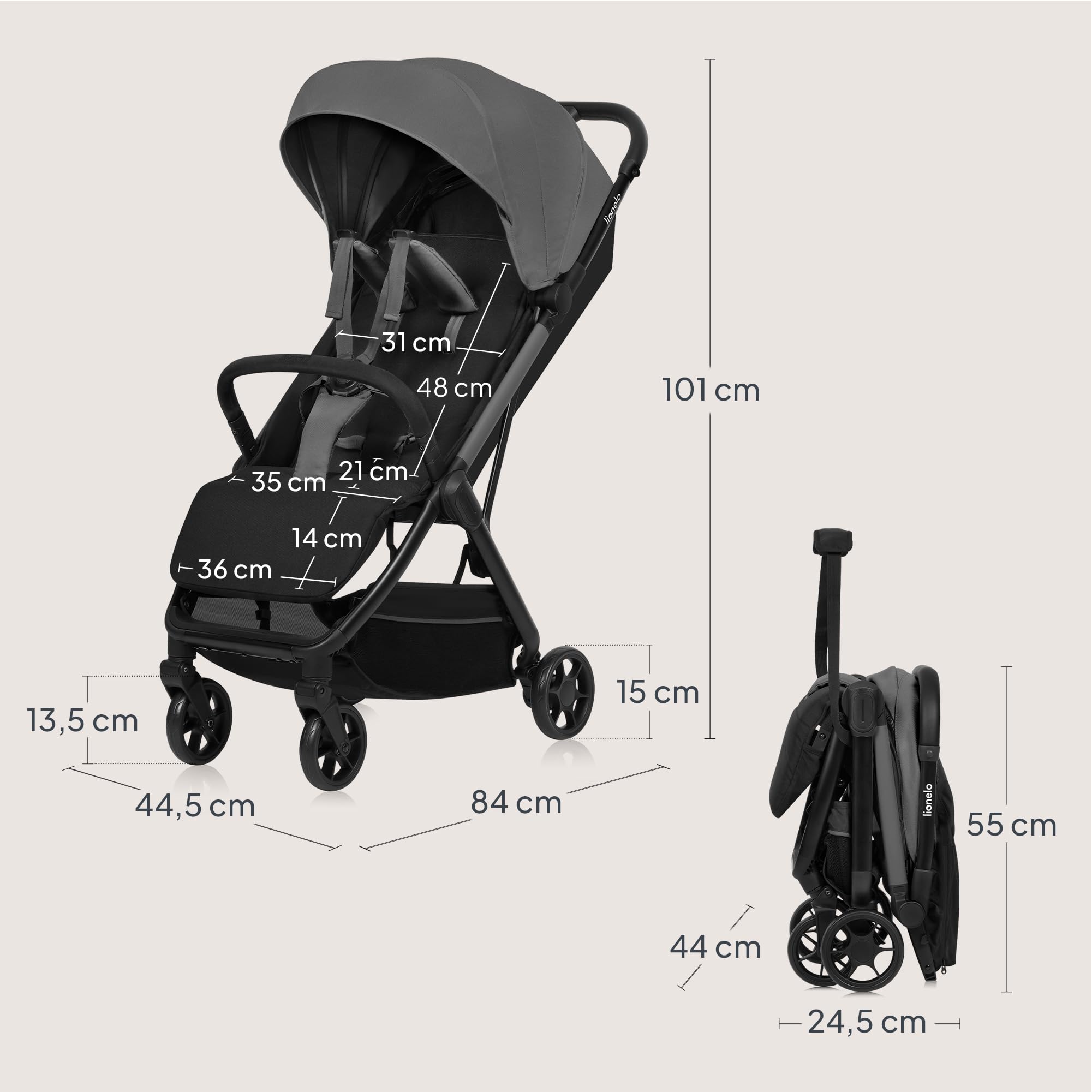 LIONELO Julie Air Poussette Canne jusqu'à 22 kg de 6 m à 4 ans Pour Avion Roues pivotantes à 360 ° Suspension Pliage avec Une Main Réglage du Dossier Canopy UPF50+, Légère (Grey)