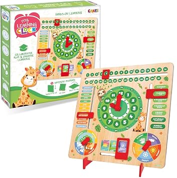 CRAZE English Learning Clock for Kids Time, Weather, Months, Days of the Week... Educational Wooden Game with Animal Designs, Green